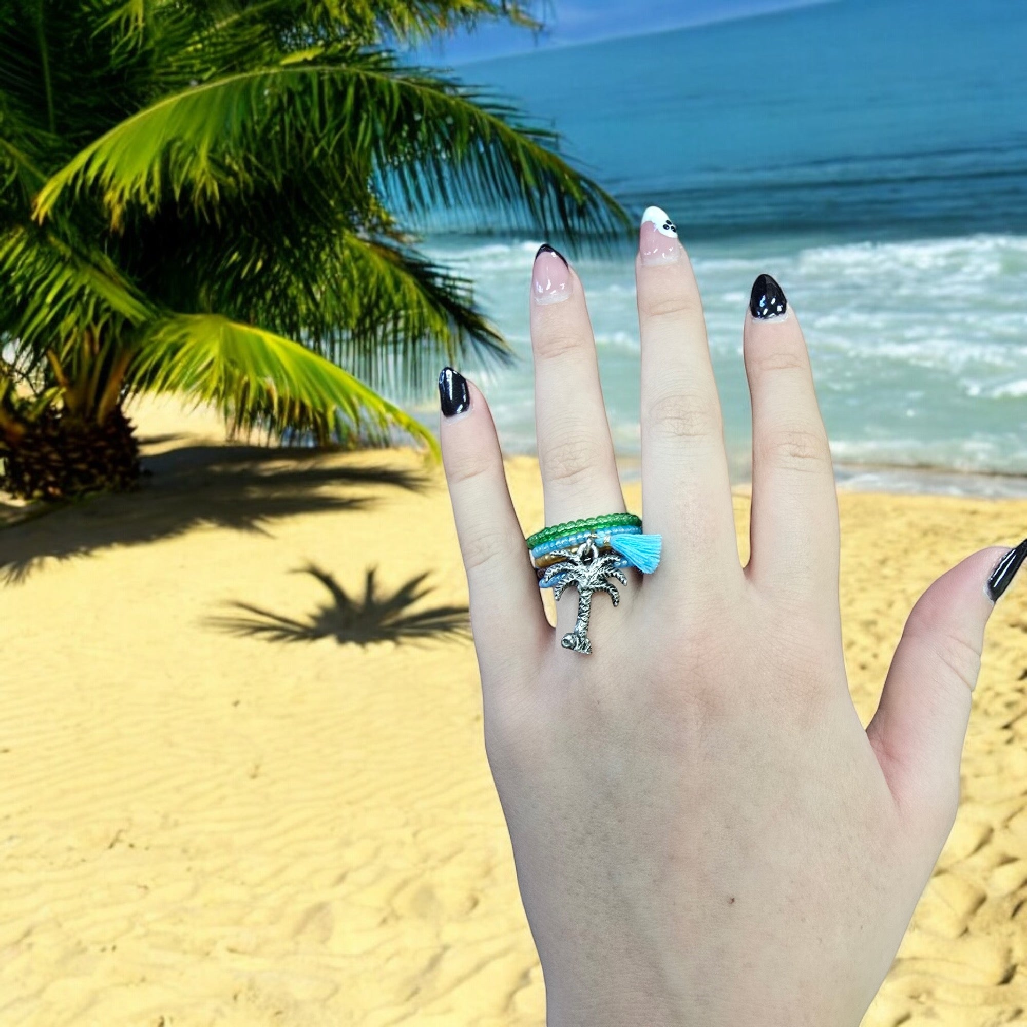 Bohemian Beaded Spiral Ring with Pewter Palm Tree Charm | Unique Handmade Jewelry