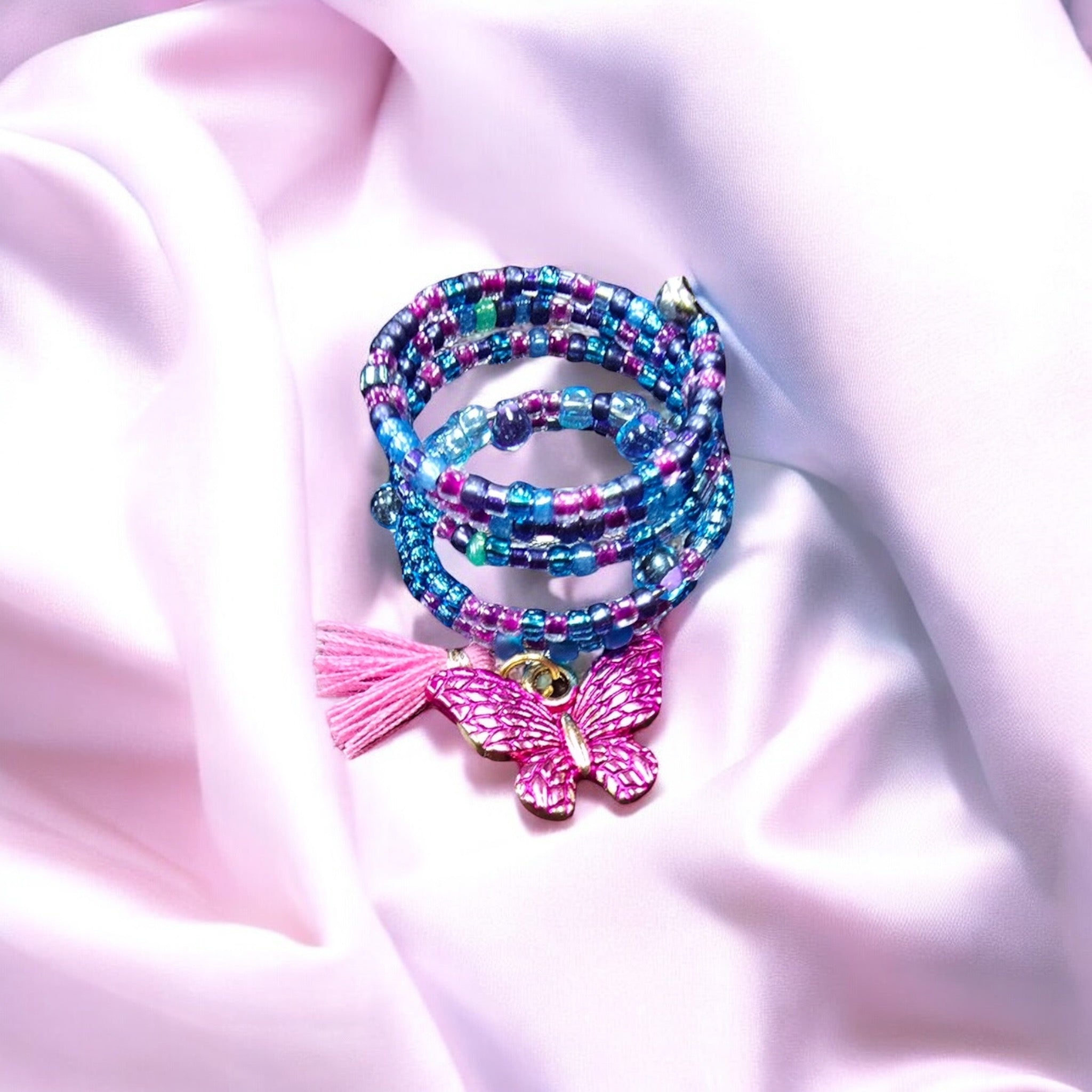 Bohemian Beaded Spiral Ring with Pink Butterfly Charm | Unique Handmade Jewelry