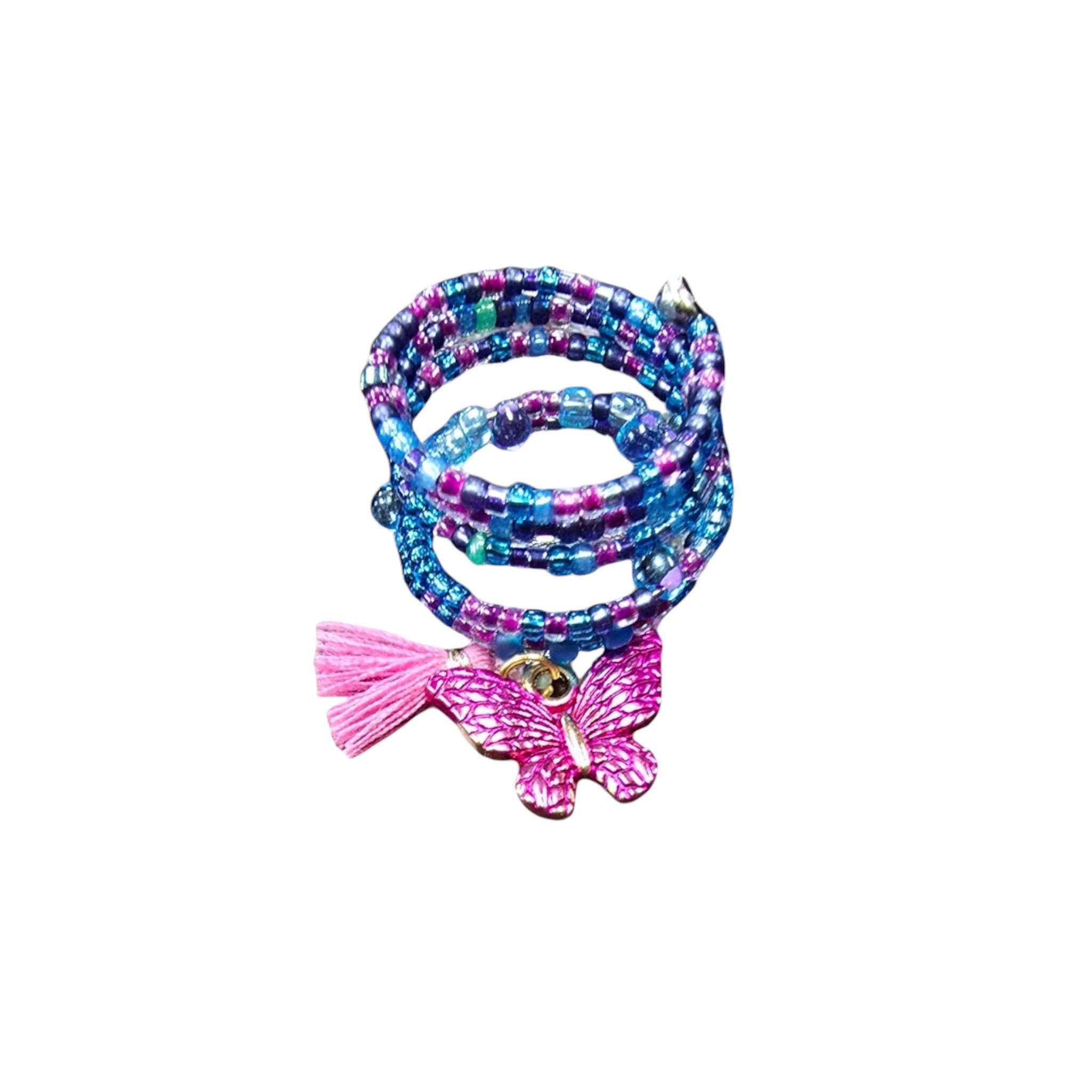 Bohemian Beaded Spiral Ring with Pink Butterfly Charm | Unique Handmade Jewelry