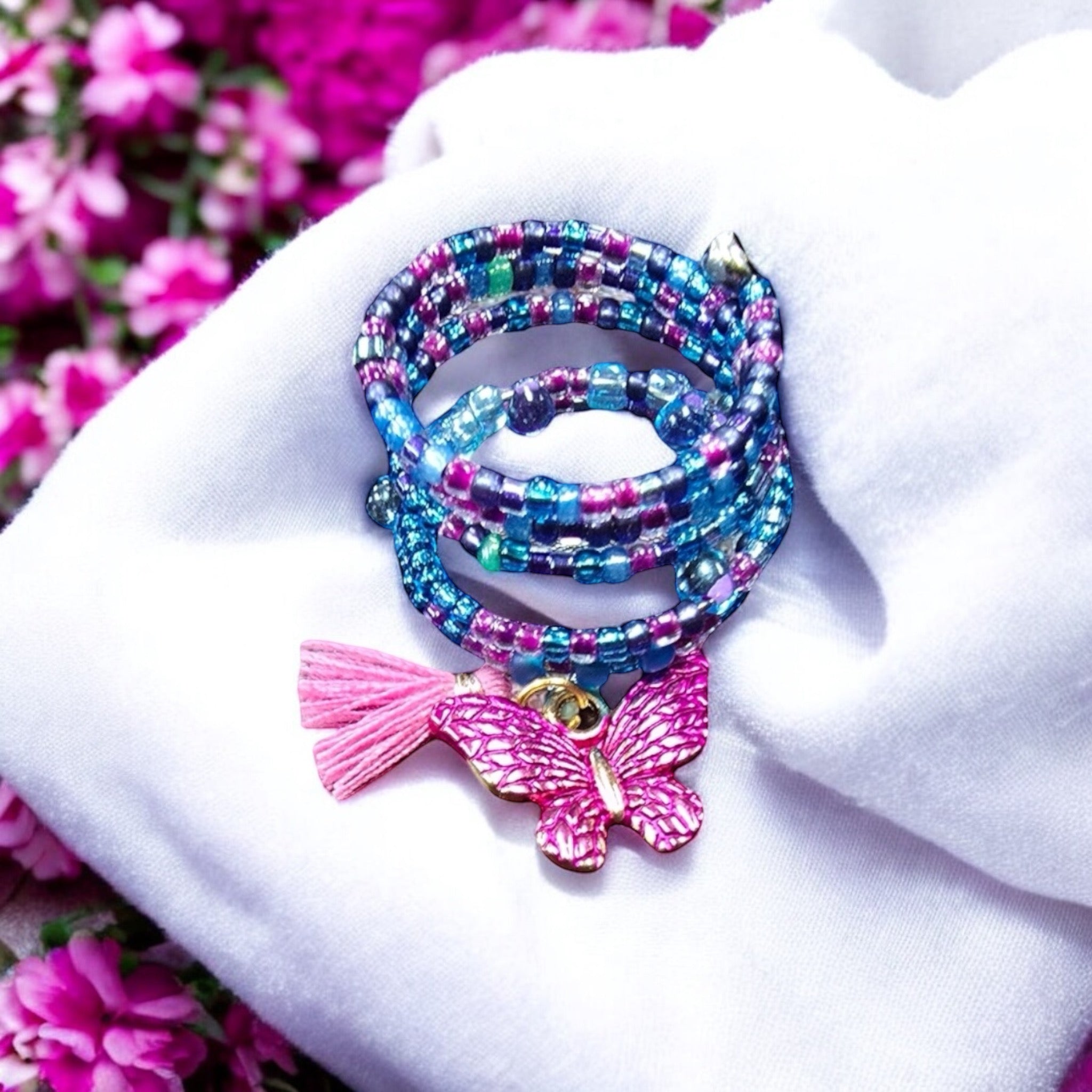 Bohemian Beaded Spiral Ring with Pink Butterfly Charm | Unique Handmade Jewelry