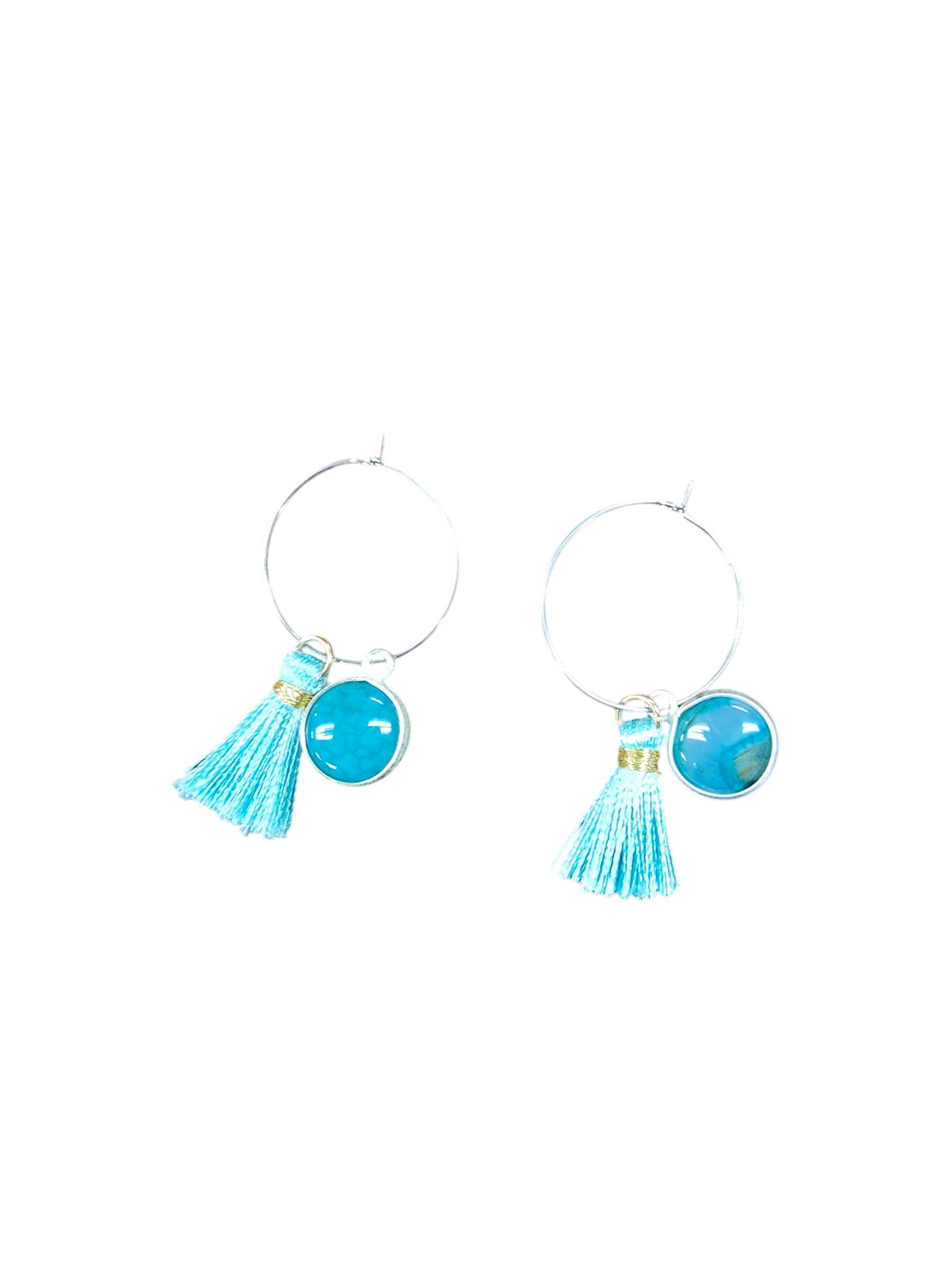 Stainless Silver Hoop Earrings with Teal Tassel and Amazonite Charm | Unique Handmade Jewelry