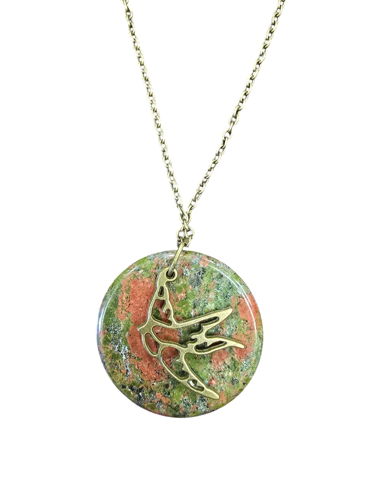 Antique Gold Plated Necklace with Unakite and Bird Charm