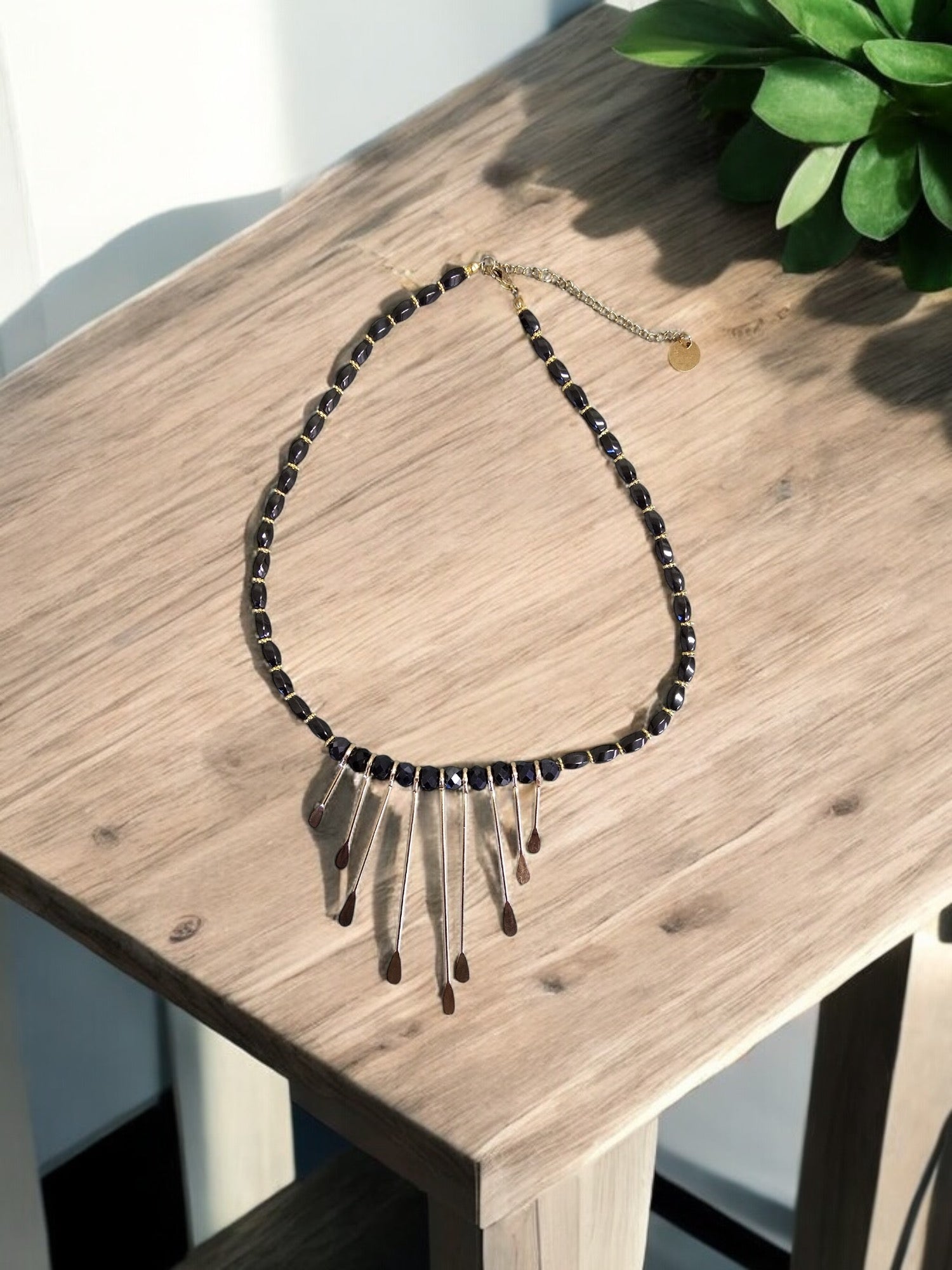 Hematite and Black Crystal Necklace with Golden Paddles | Unique Handmade Jewelry