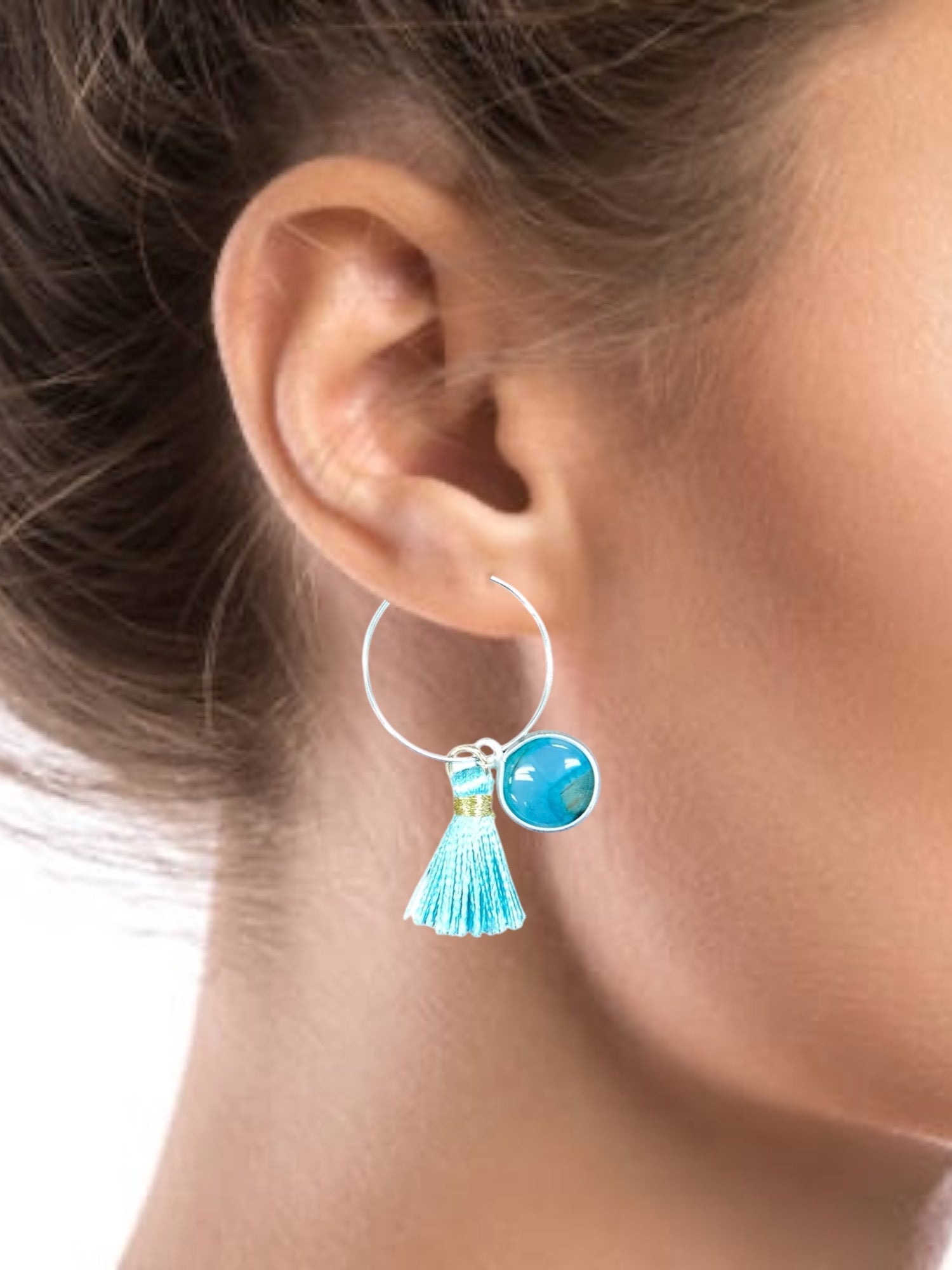 Stainless Silver Hoop Earrings with Teal Tassel and Amazonite Charm | Unique Handmade Jewelry