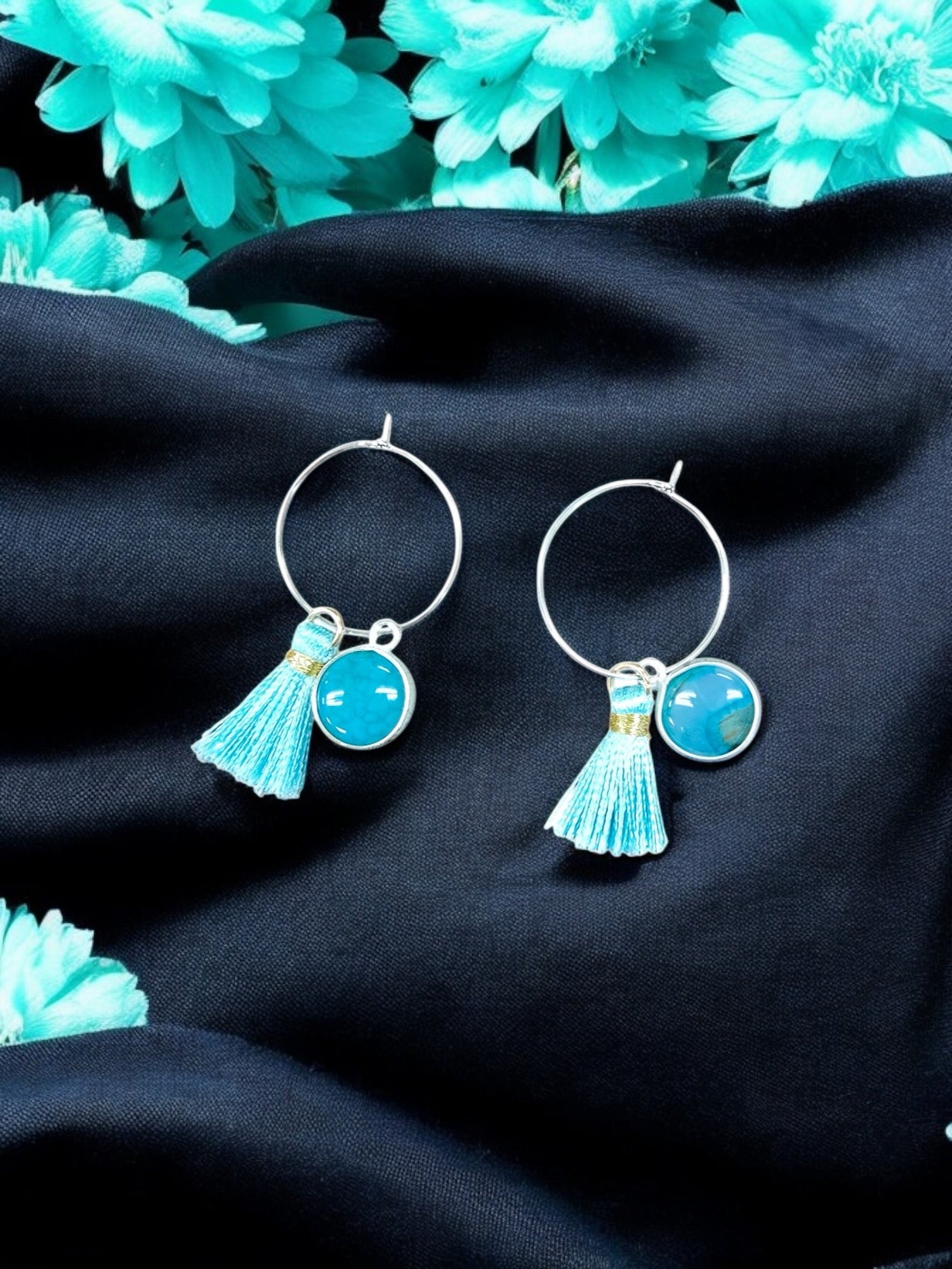 Stainless Silver Hoop Earrings with Teal Tassel and Amazonite Charm | Unique Handmade Jewelry