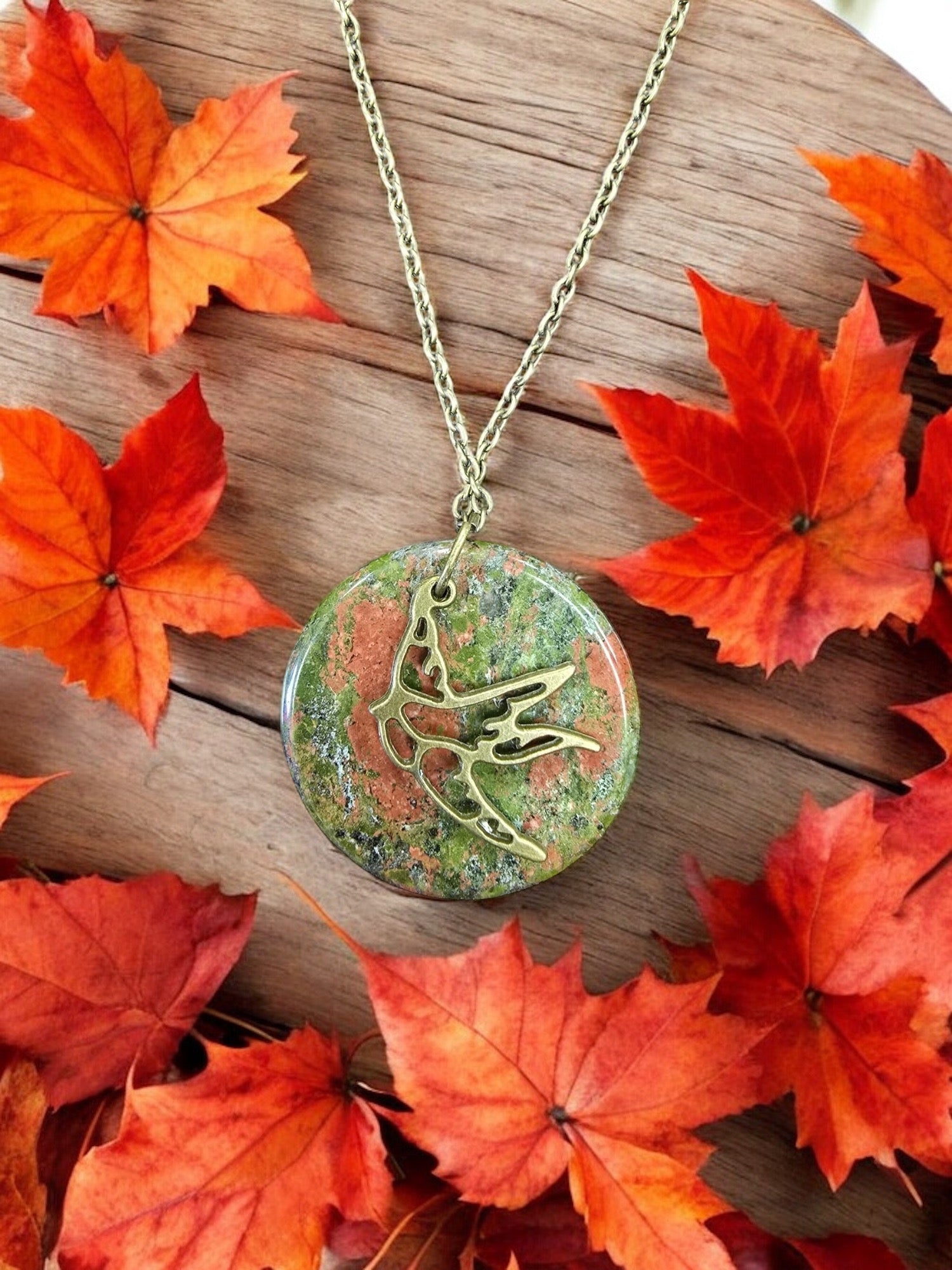 Antique Gold Plated Necklace with Unakite and Bird Charm