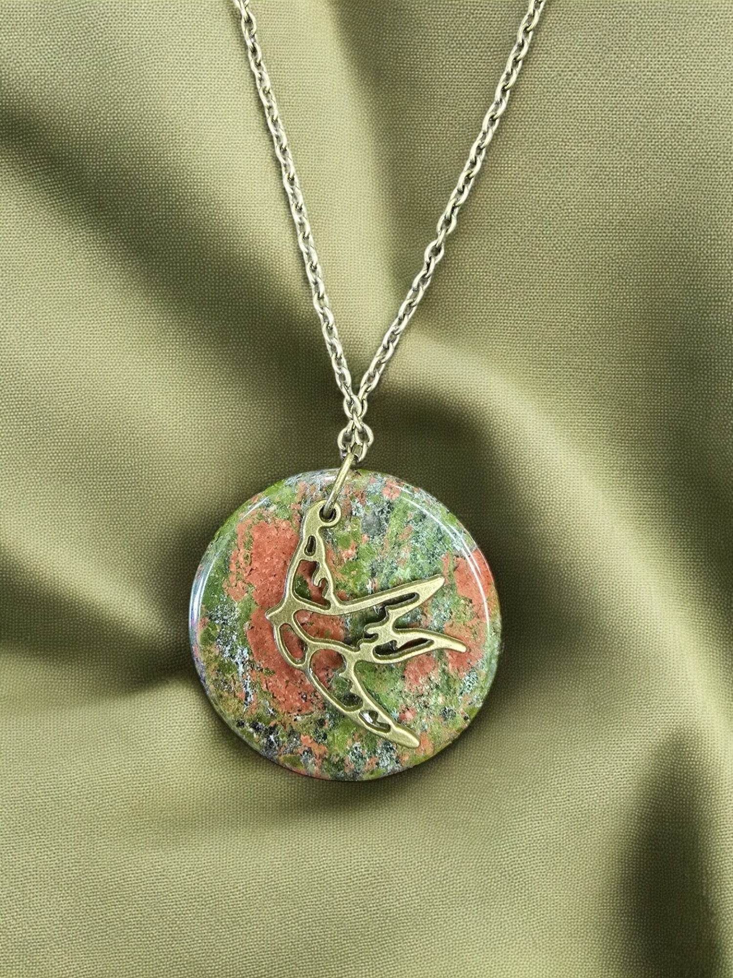 Antique Gold Plated Necklace with Unakite and Bird Charm