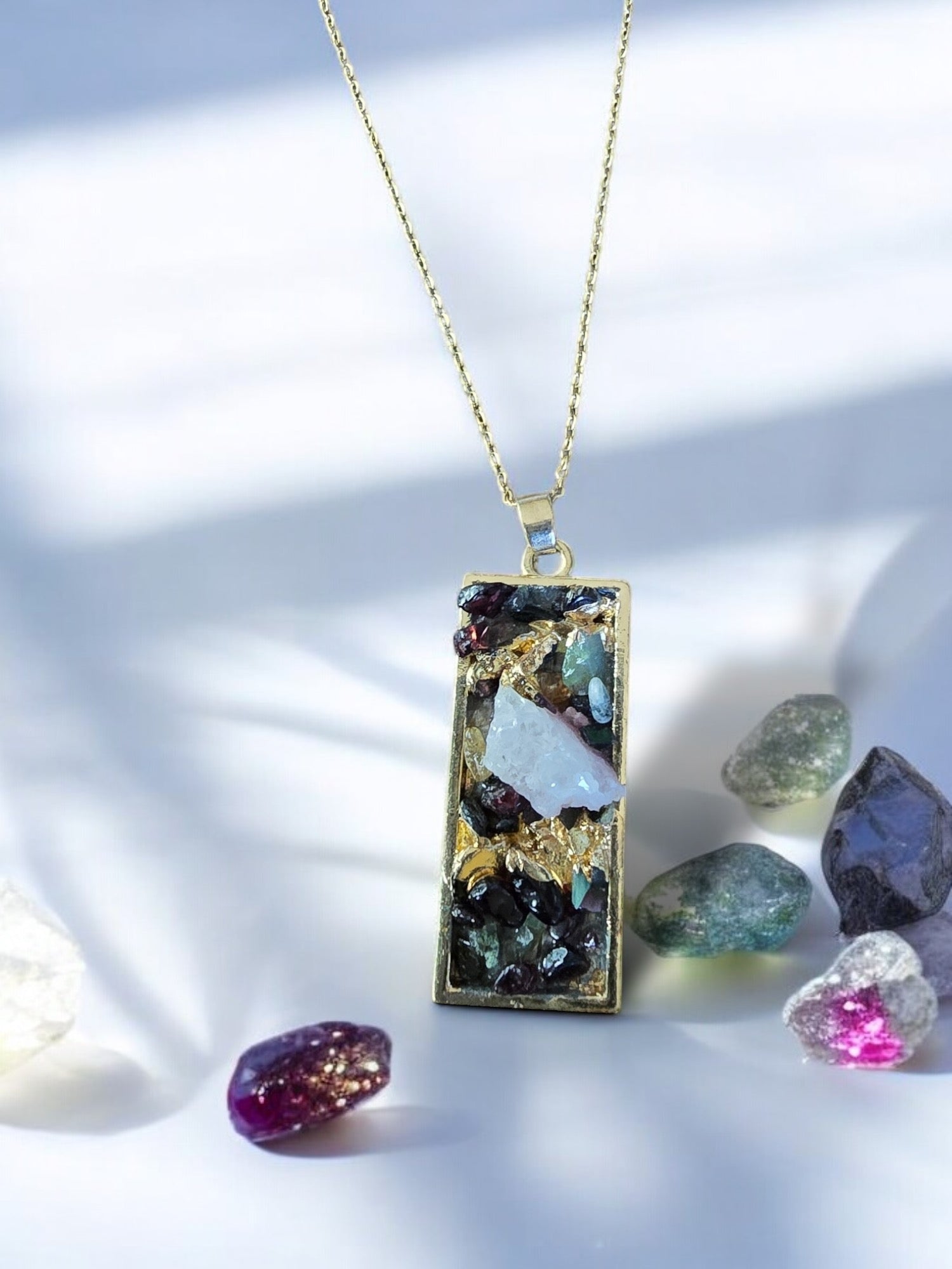 Gold Necklace with Multicolored Gemstone Pendant | Elegant Handmade Jewelry