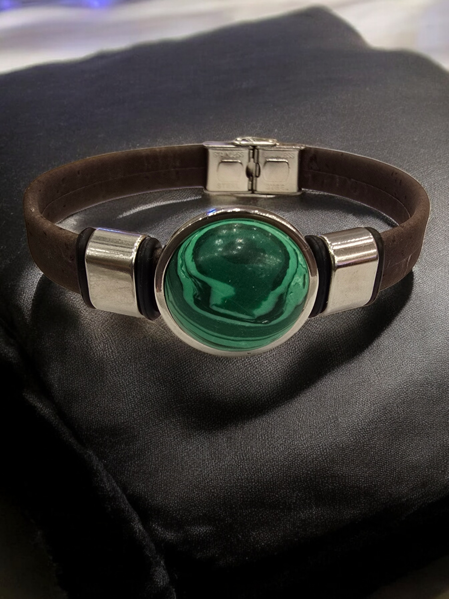 Earthy Malachite Cork Bracelet | Unique Handmade Jewelry