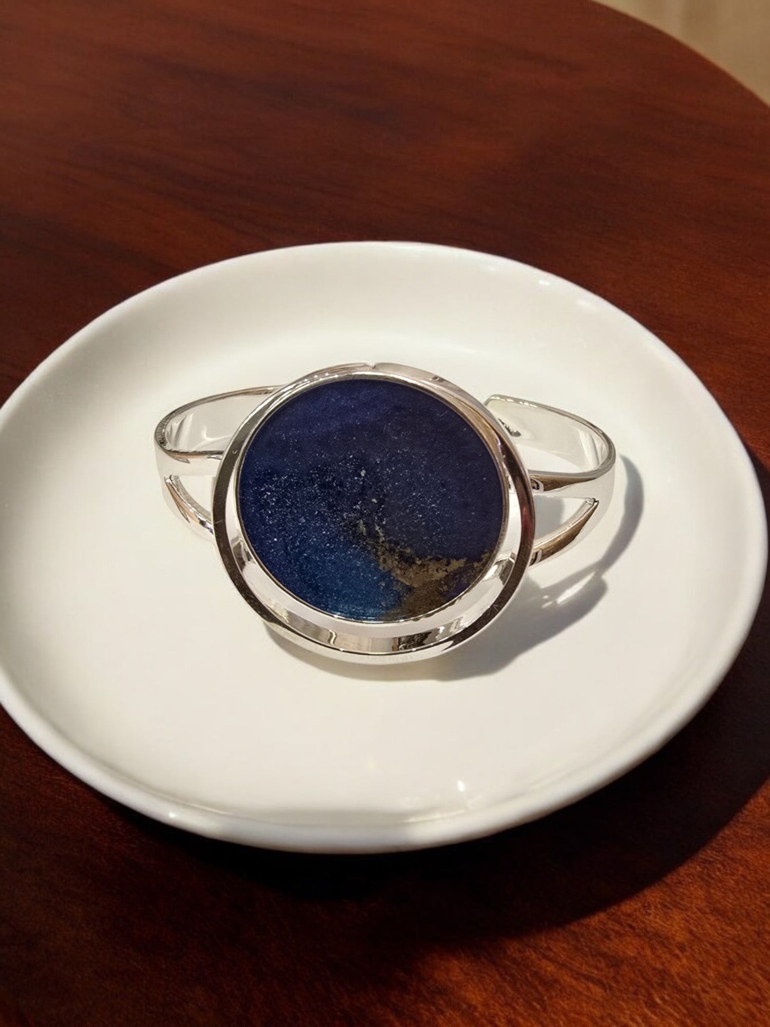 Blue and Gold Resin Cuff Bracelet | Sterling Silver Plated | Unique Handmade Jewelry