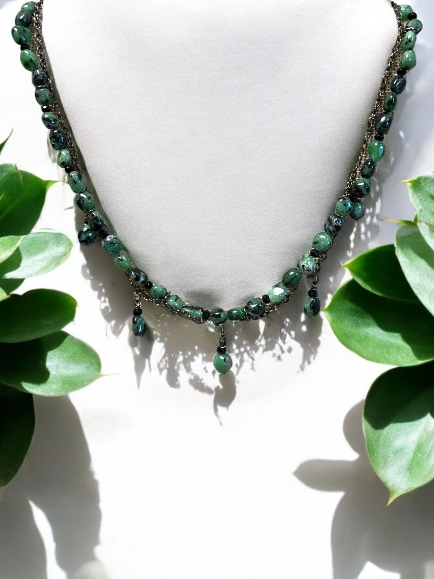 Green Ruby Zoisite Double Strand Necklace with Gunmetal Chain | Edgy and Elegant