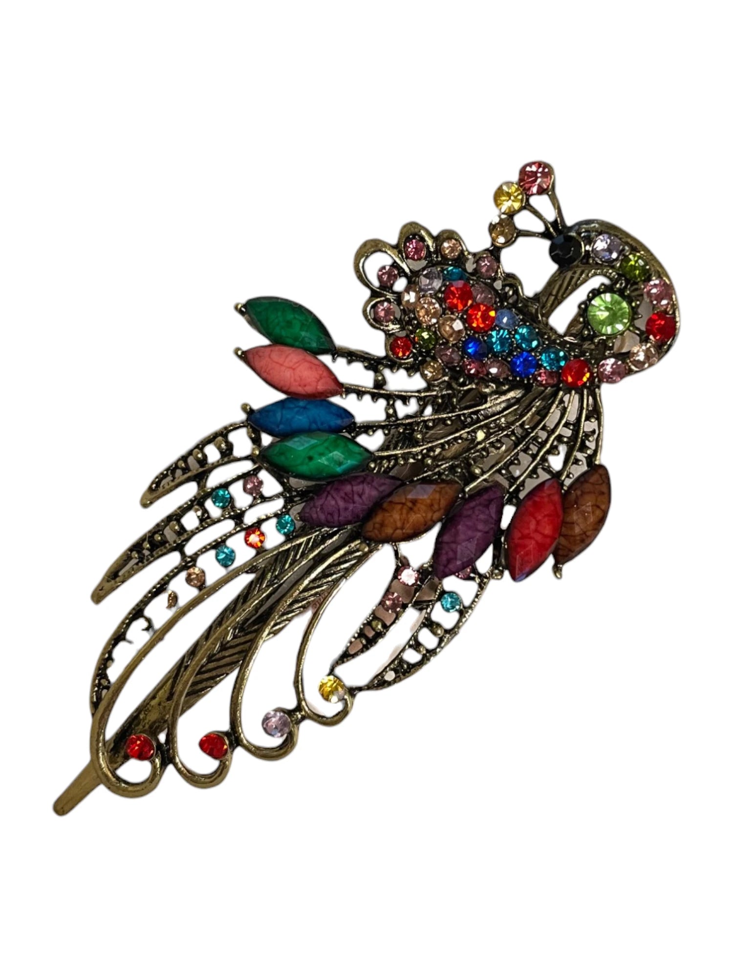 Antique Gold Peacock Hair Pin with Multicolor Crystals
