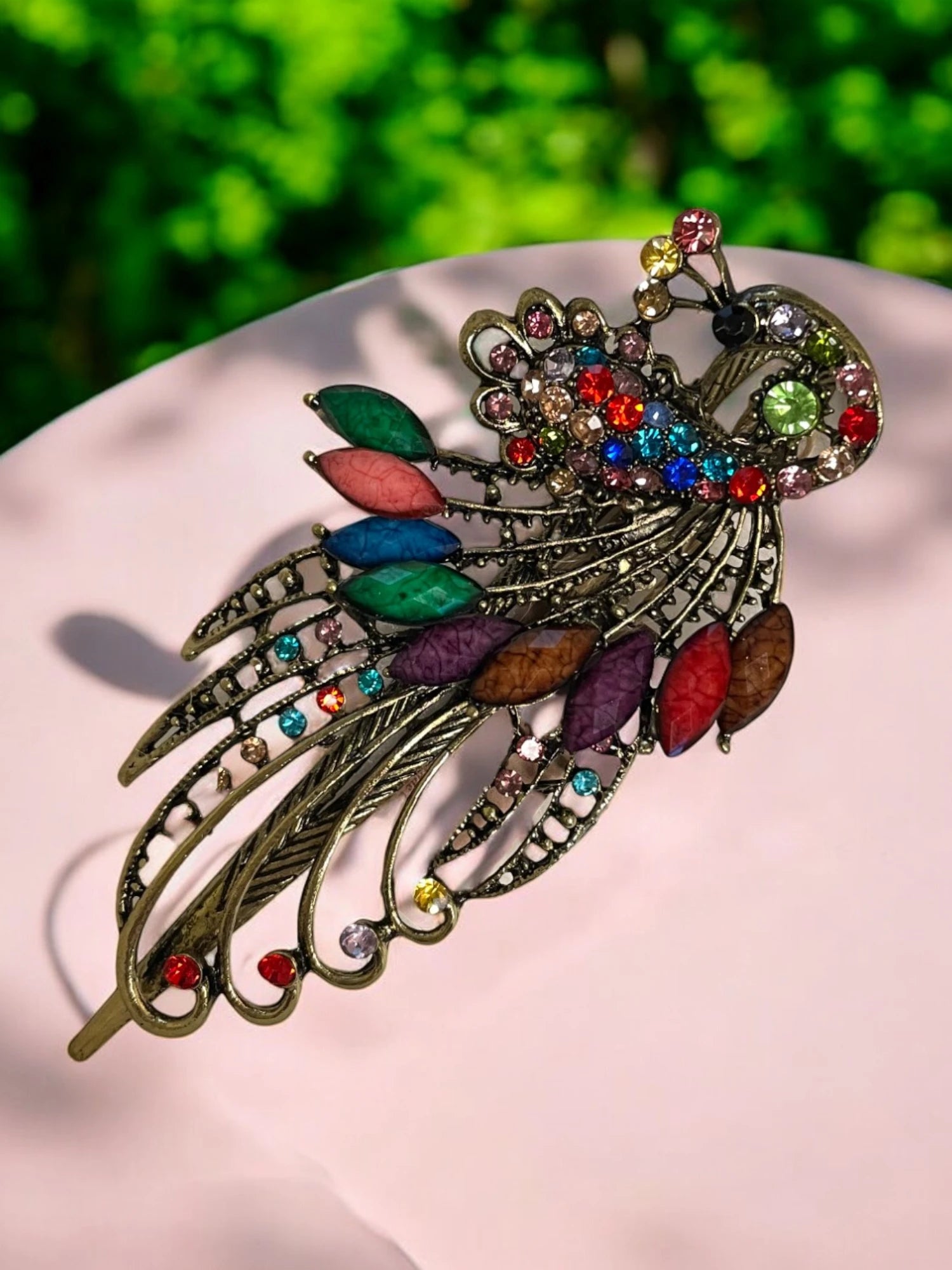 Antique Gold Peacock Hair Pin with Multicolor Crystals