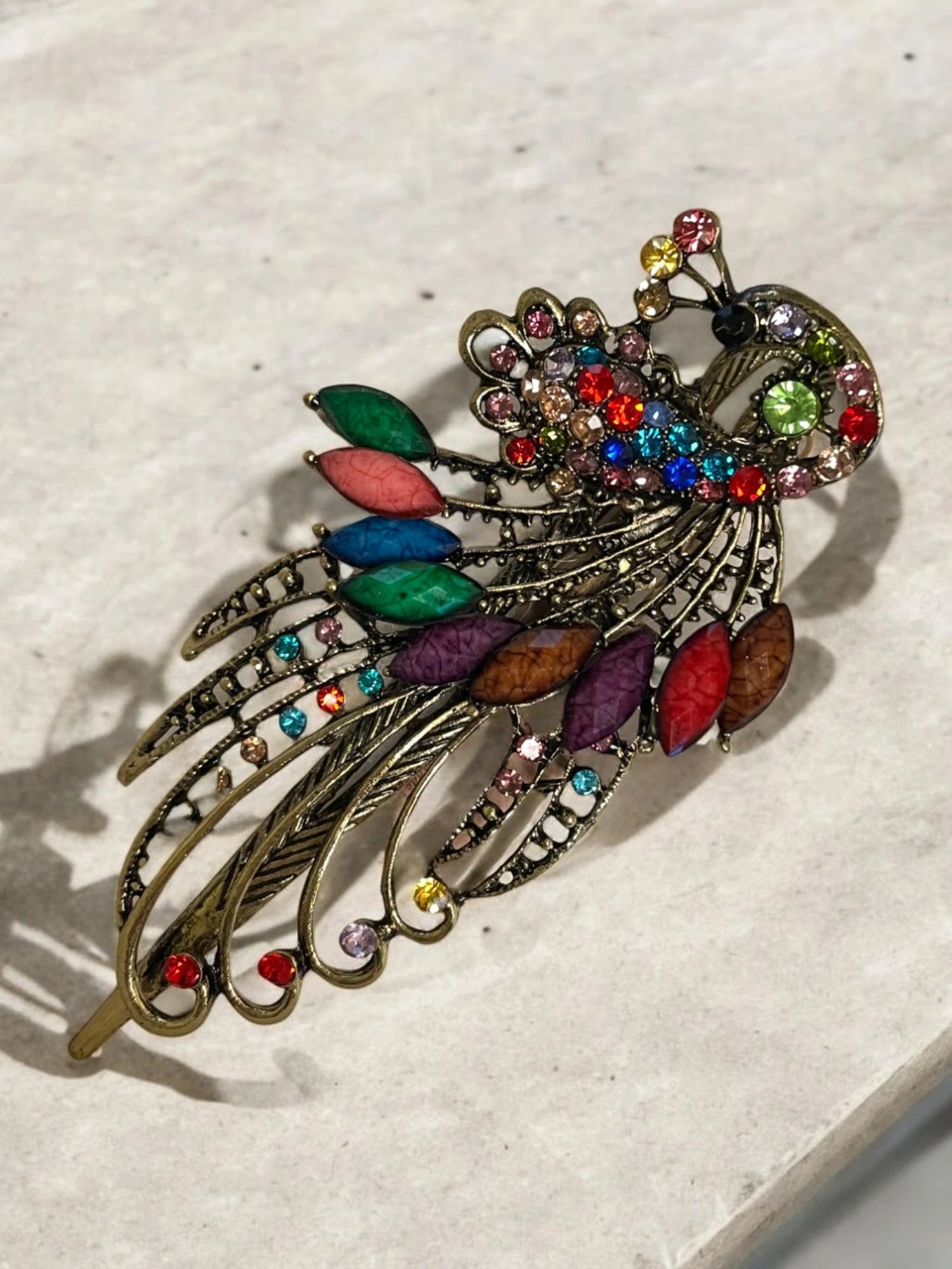 Antique Gold Peacock Hair Pin with Multicolor Crystals