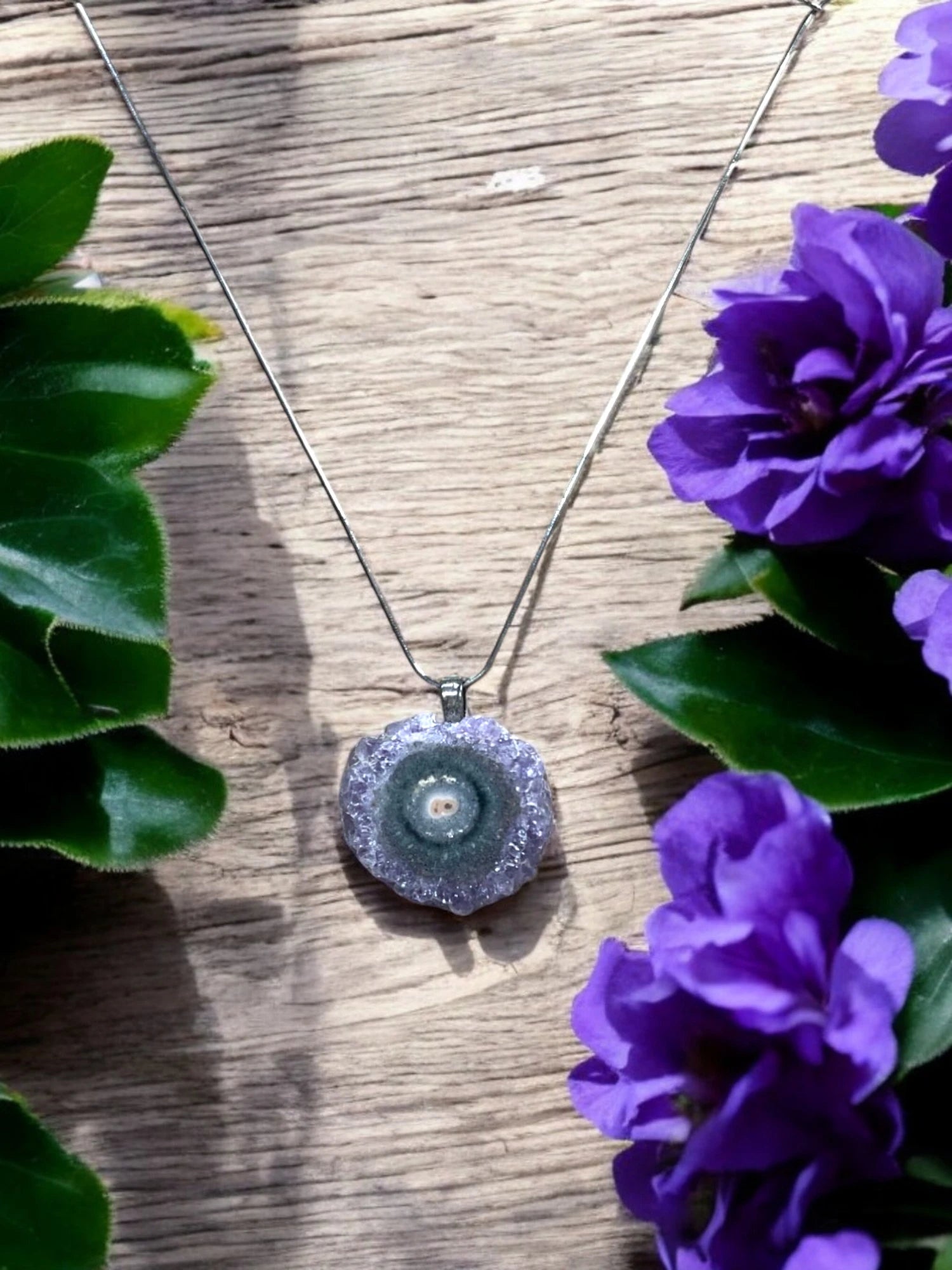 Amethyst Geode Slice Pendant Necklace - Sterling Silver
