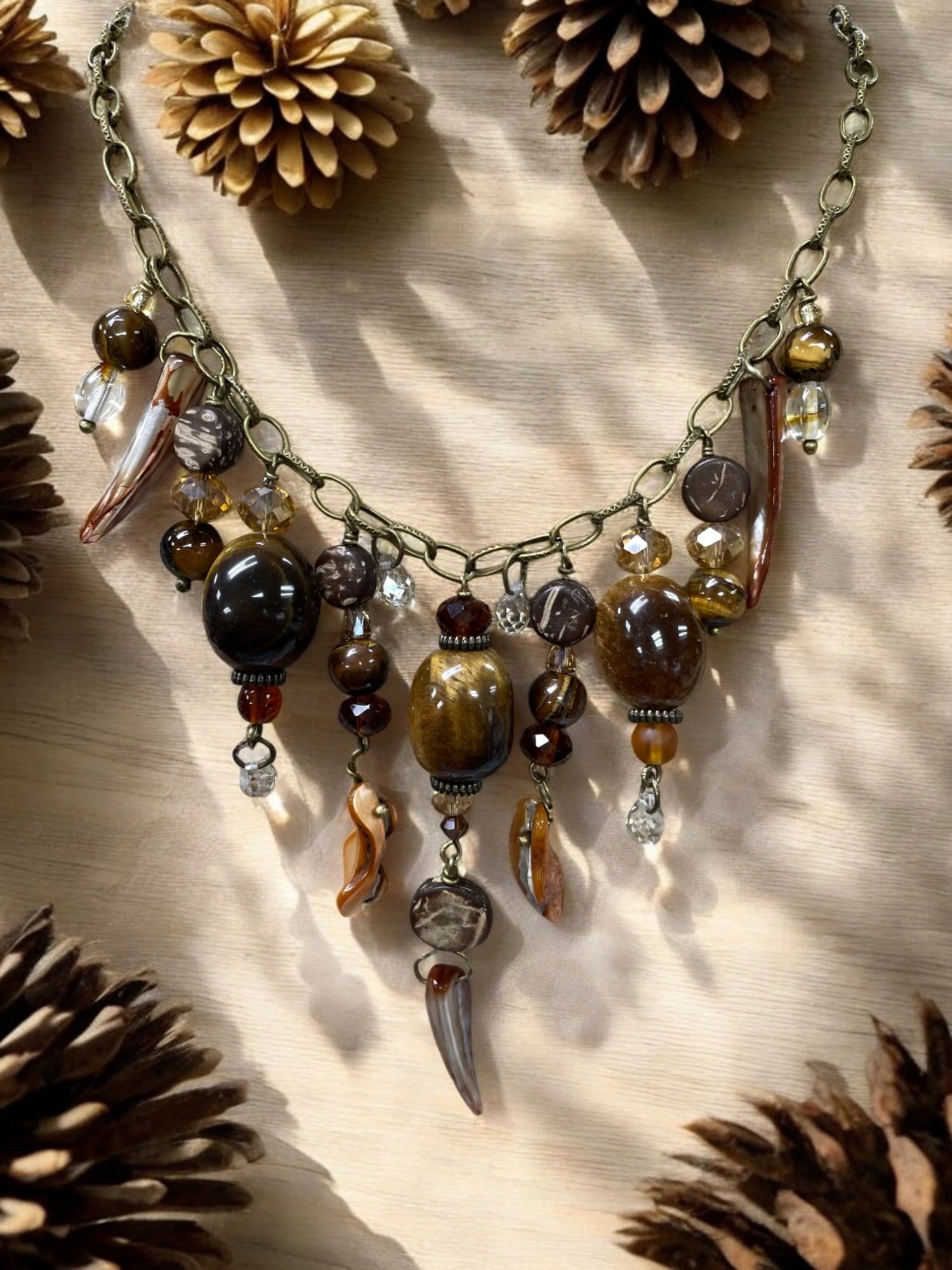 Gemstone Cluster Bib Necklace - Tiger Eye, Turquoise Amazonite, Amethyst, Blue Agate, Apatite, and Sodalite
