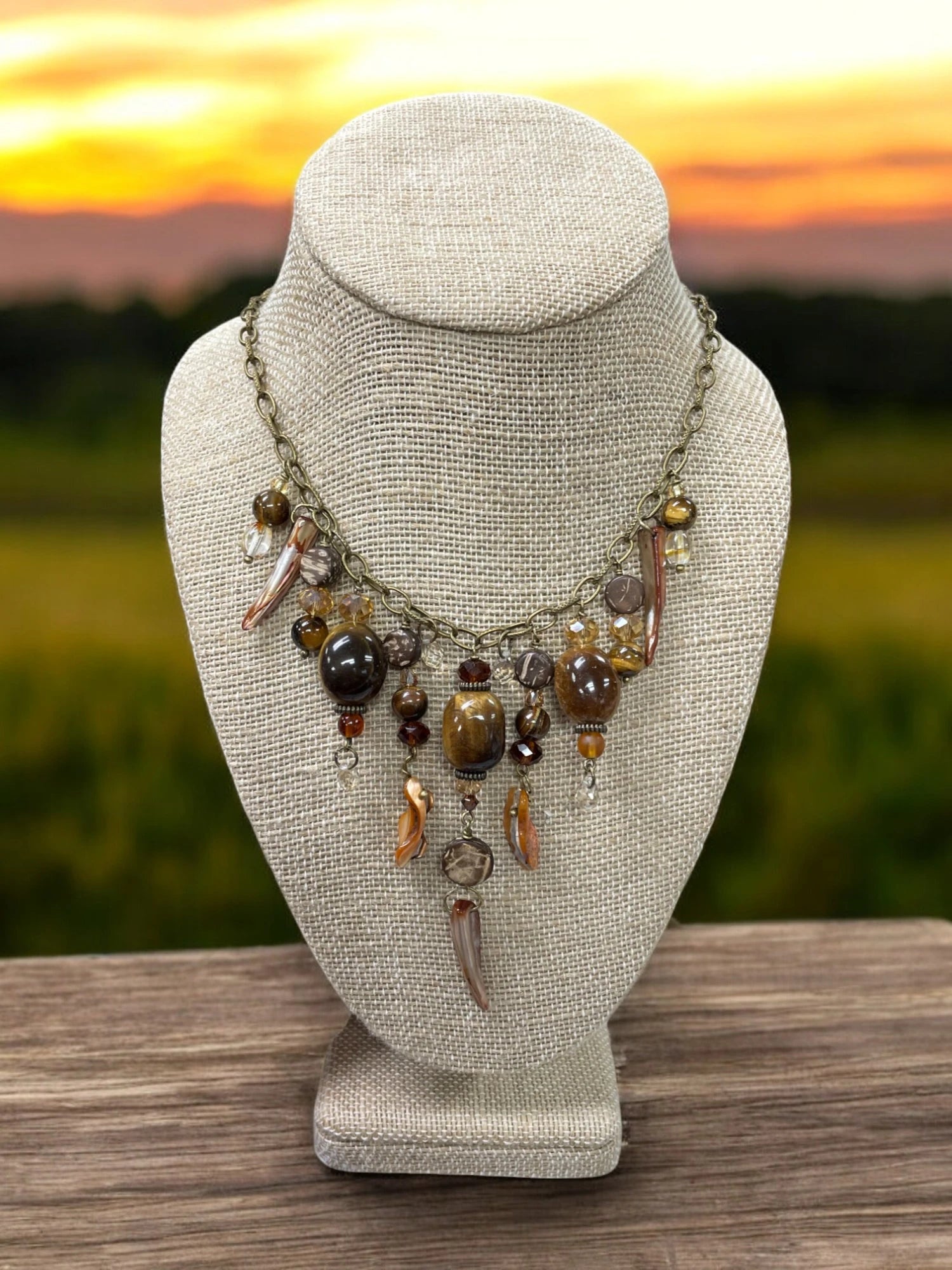 Gemstone Cluster Bib Necklace - Tiger Eye, Turquoise Amazonite, Amethyst, Blue Agate, Apatite, and Sodalite