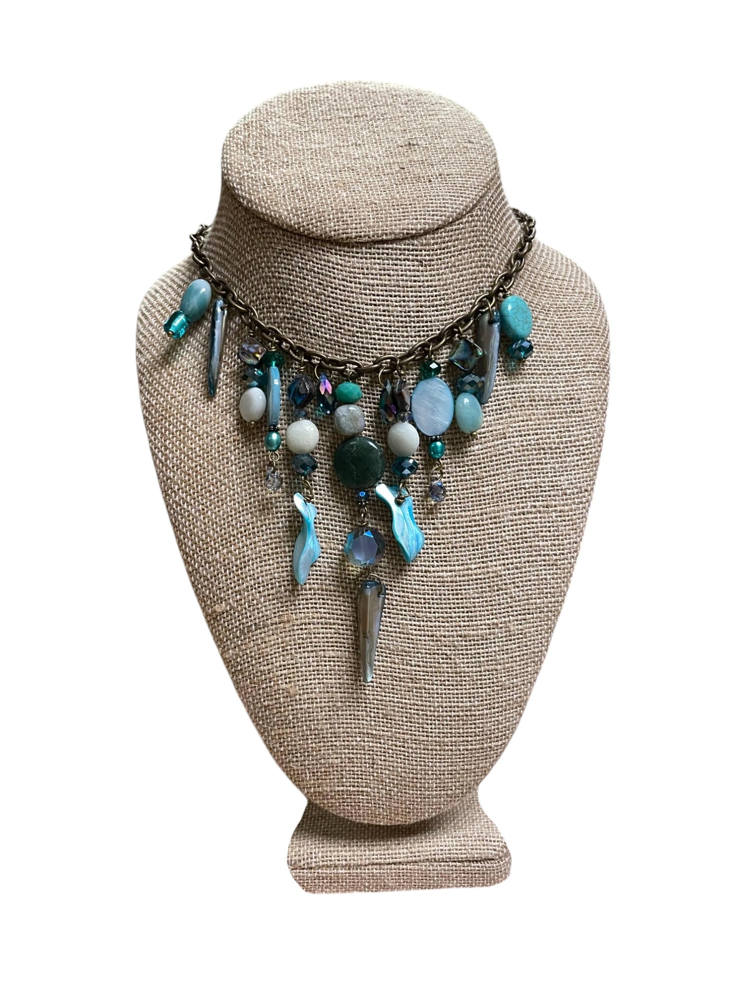 Gemstone Cluster Bib Necklace - Tiger Eye, Turquoise Amazonite, Amethyst, Blue Agate, Apatite, and Sodalite