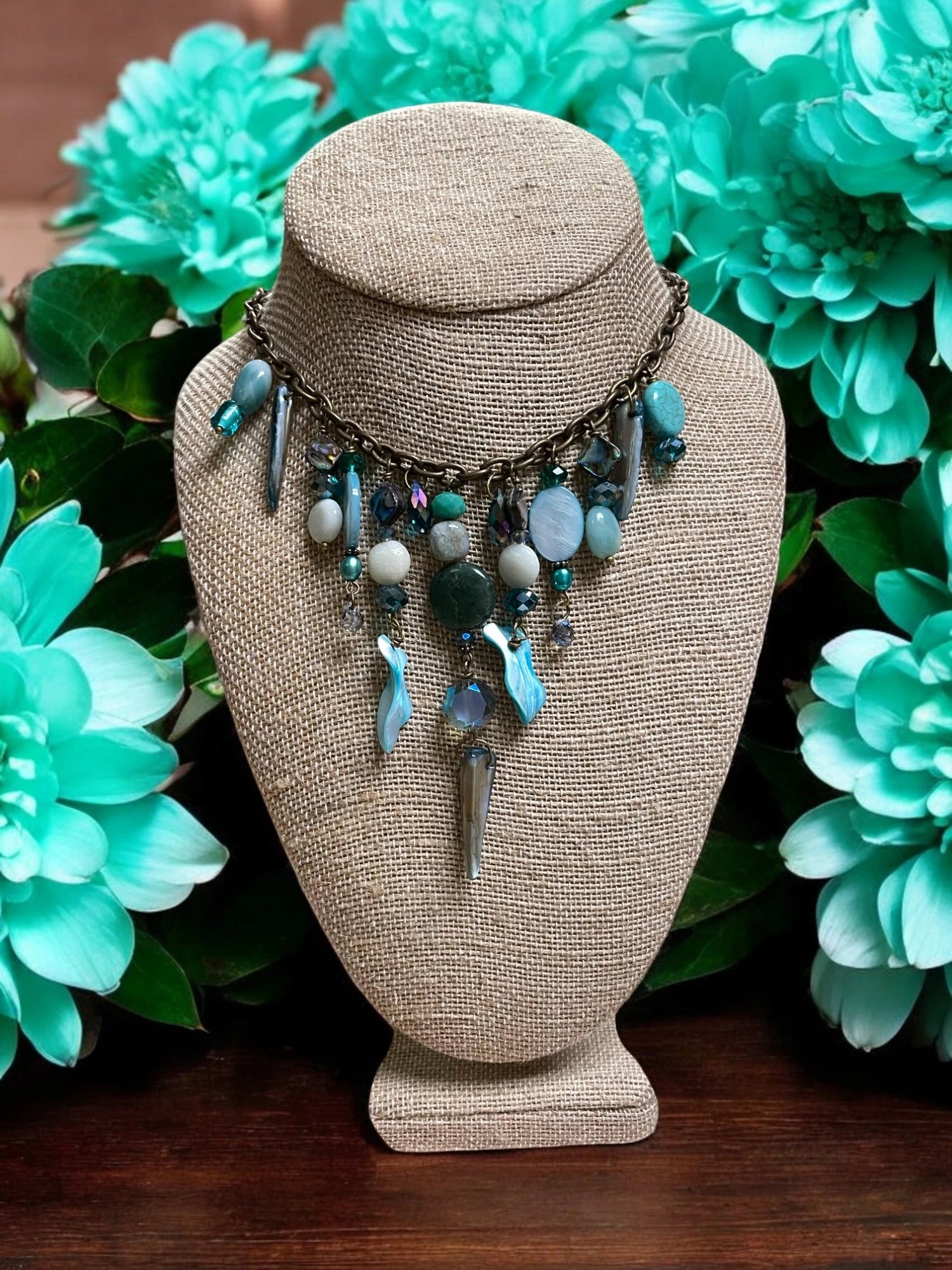 Gemstone Cluster Bib Necklace - Tiger Eye, Turquoise Amazonite, Amethyst, Blue Agate, Apatite, and Sodalite