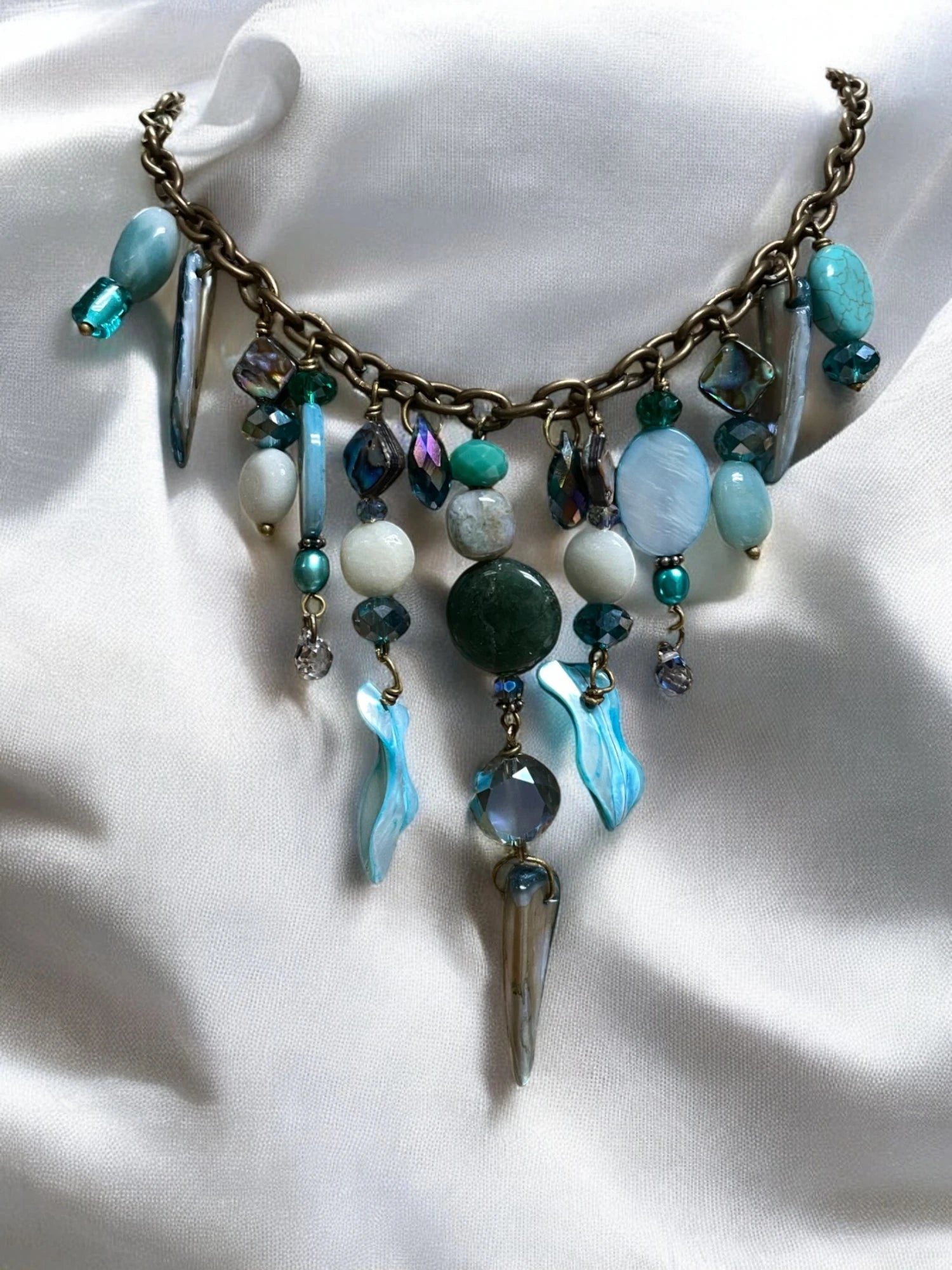 Gemstone Cluster Bib Necklace - Tiger Eye, Turquoise Amazonite, Amethyst, Blue Agate, Apatite, and Sodalite