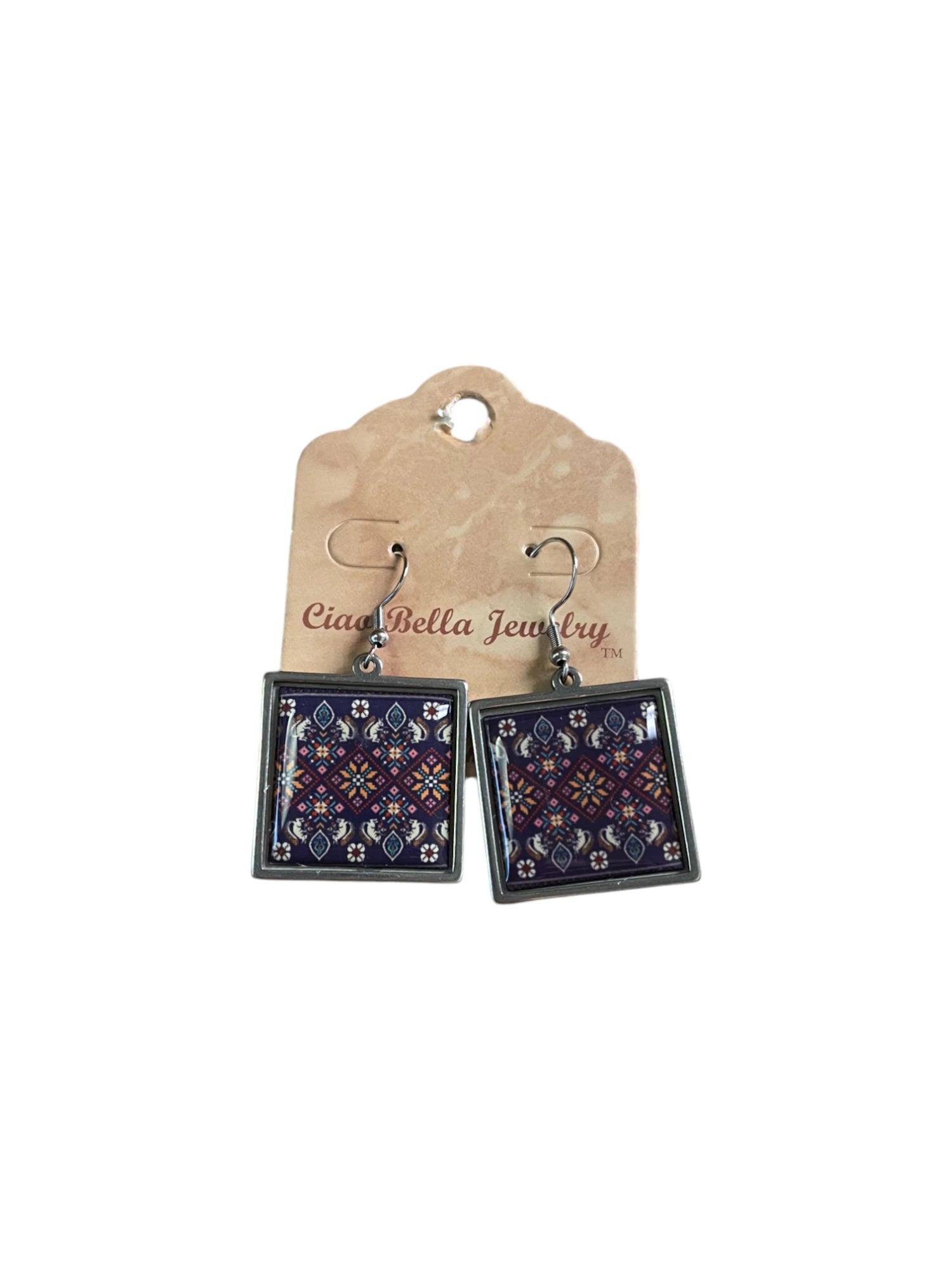 Purple Embroidery Pattern Square Jewelry Set - Silver Necklace & Earrings | Unique & Trendy