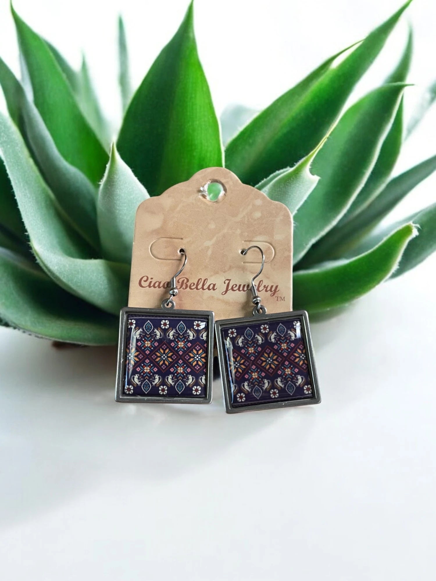 Purple Embroidery Pattern Square Jewelry Set - Silver Necklace & Earrings | Unique & Trendy