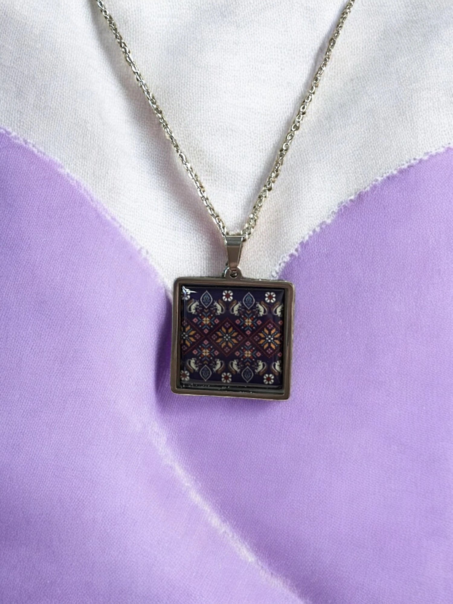 Purple Embroidery Pattern Square Jewelry Set - Silver Necklace & Earrings | Unique & Trendy
