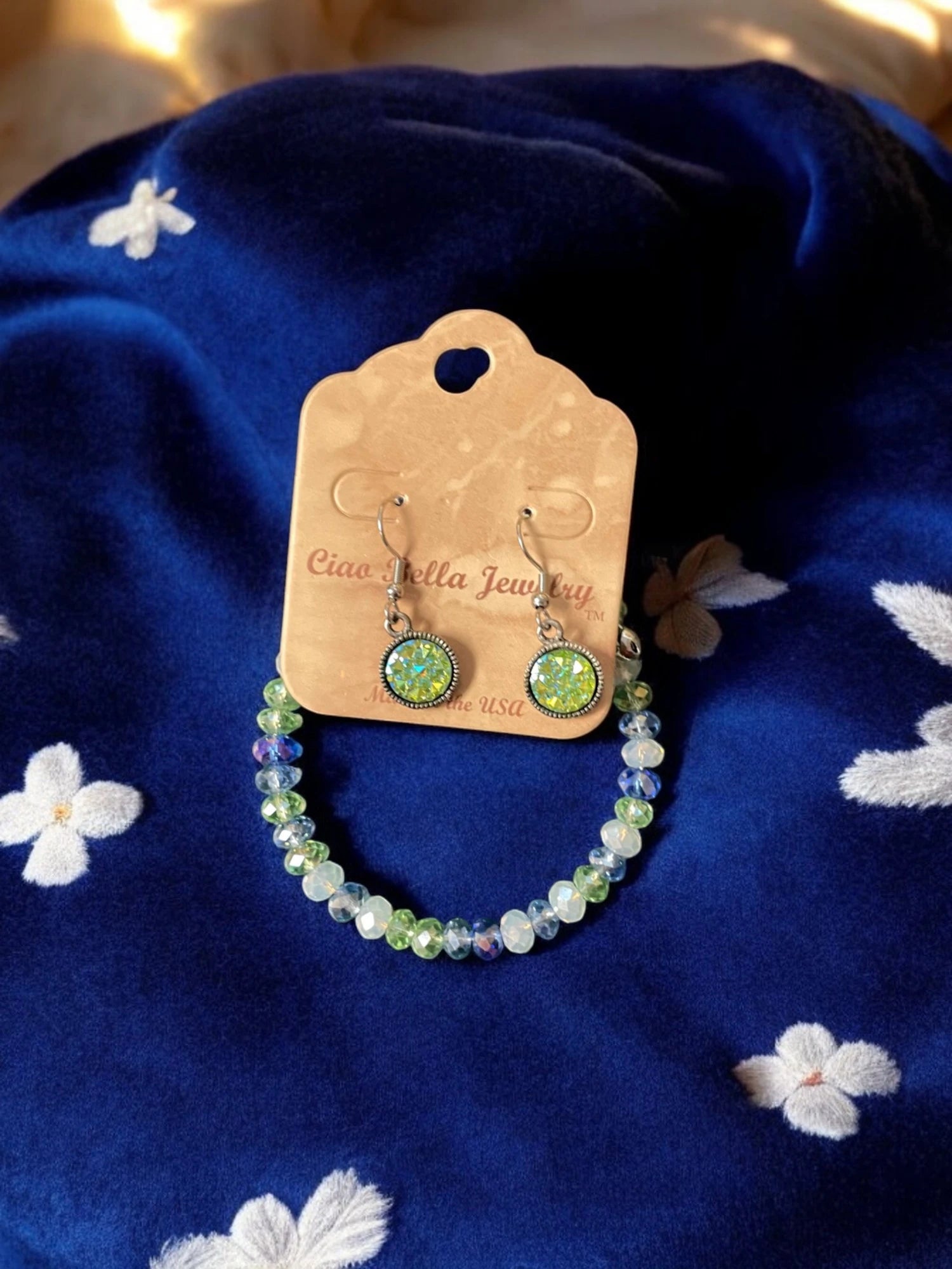 Green & Blue Crystal Jewelry Set, Beaded Bracelet & Druzy Earrings