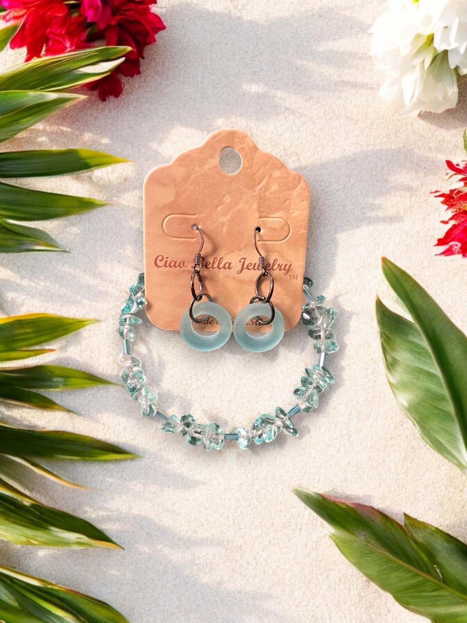 Aquamarine & Sea Glass Jewelry Set, Beaded Bracelet & Hoop Earrings
