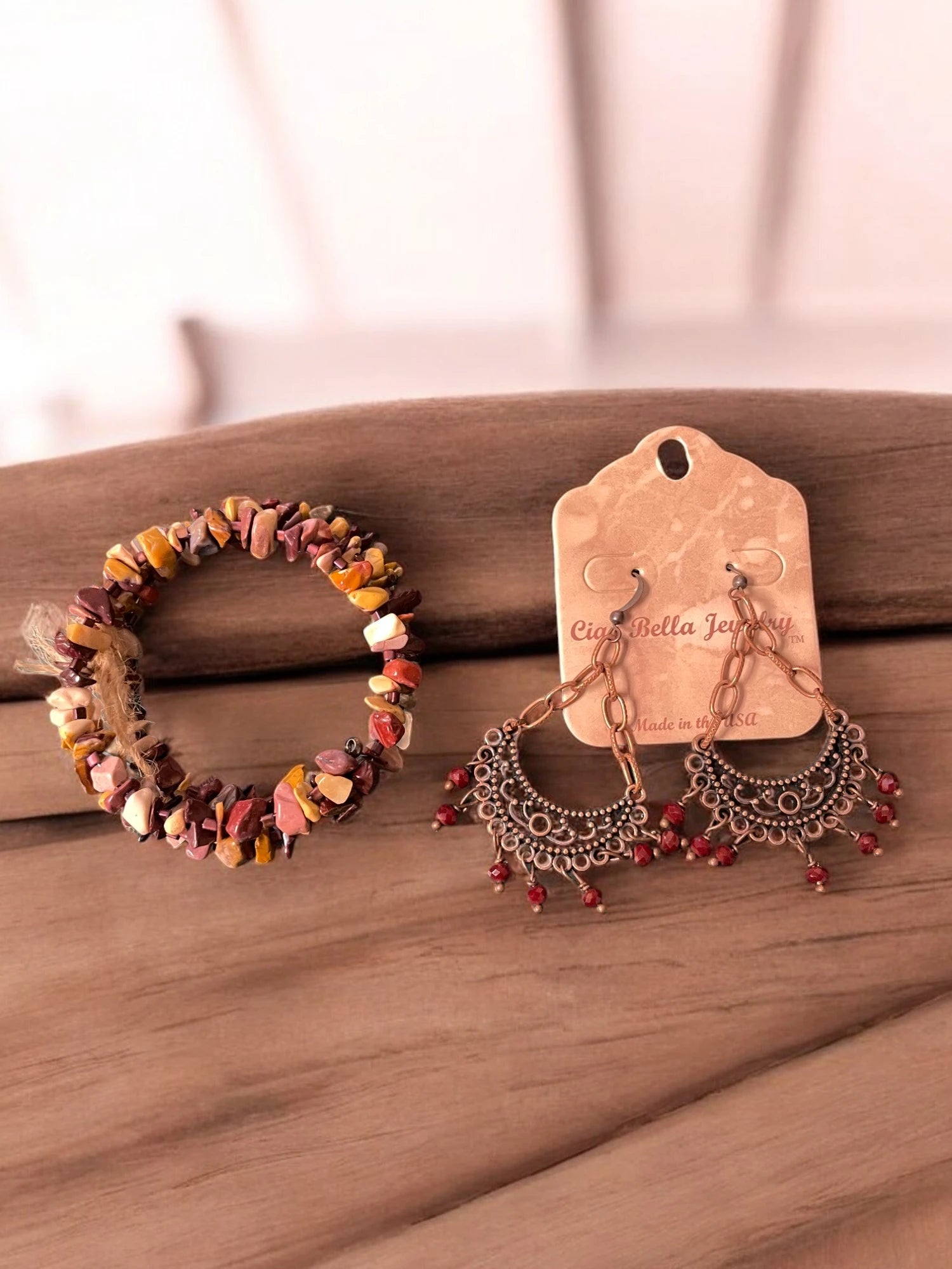 Mookaite Bracelet and Copper Crystal Chandelier Earring Jewelry Set