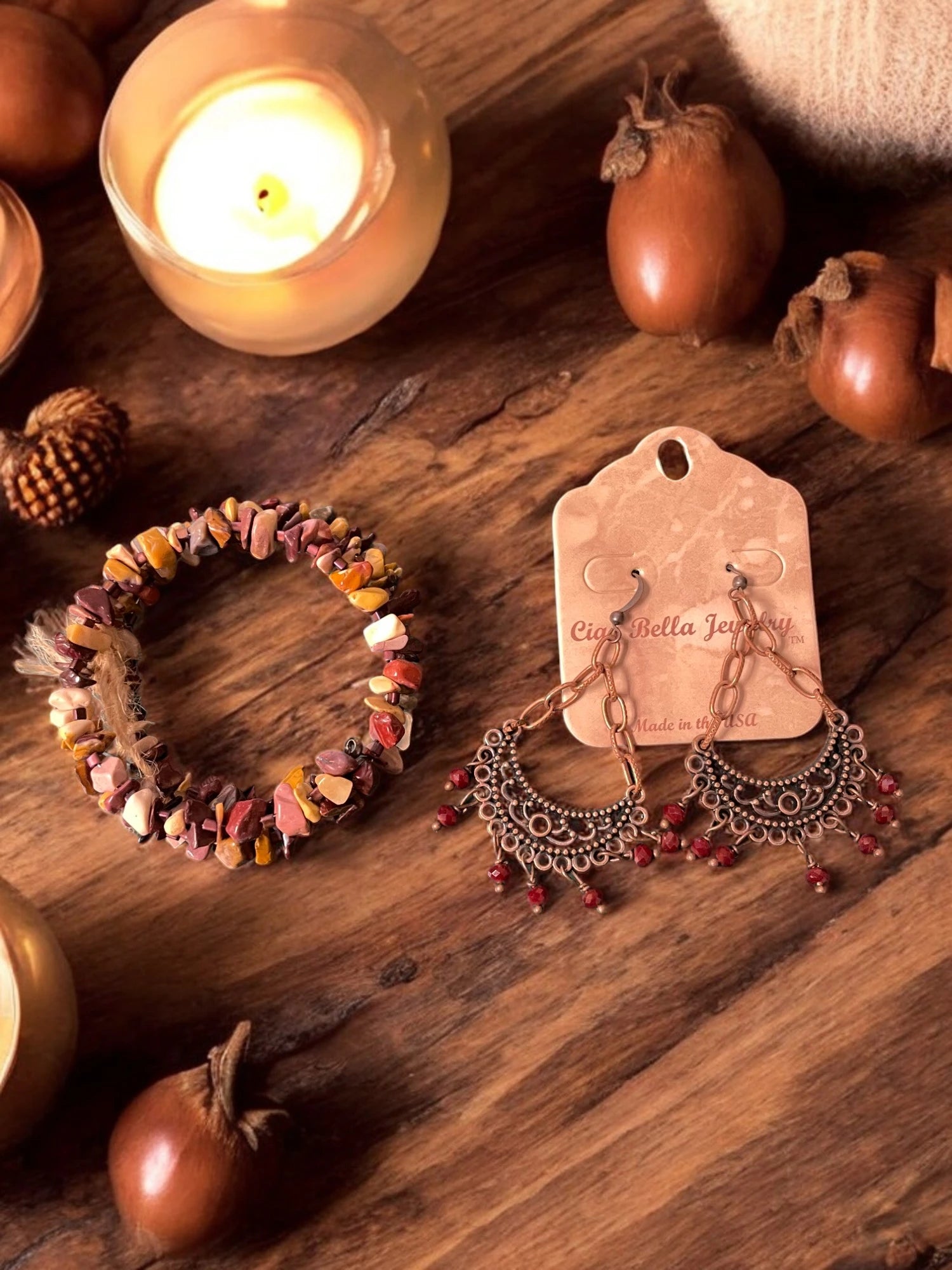 Mookaite Bracelet and Copper Crystal Chandelier Earring Jewelry Set