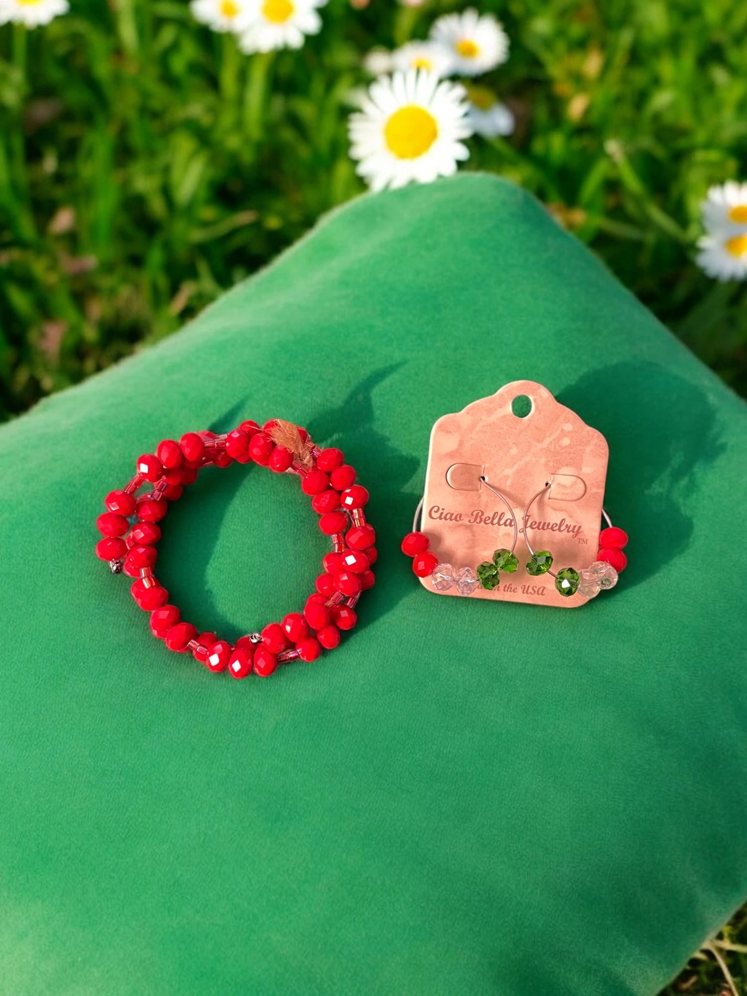 Blood Red Beaded Jewelry Set, Wrap Bracelet & Crystal Hoop Earrings