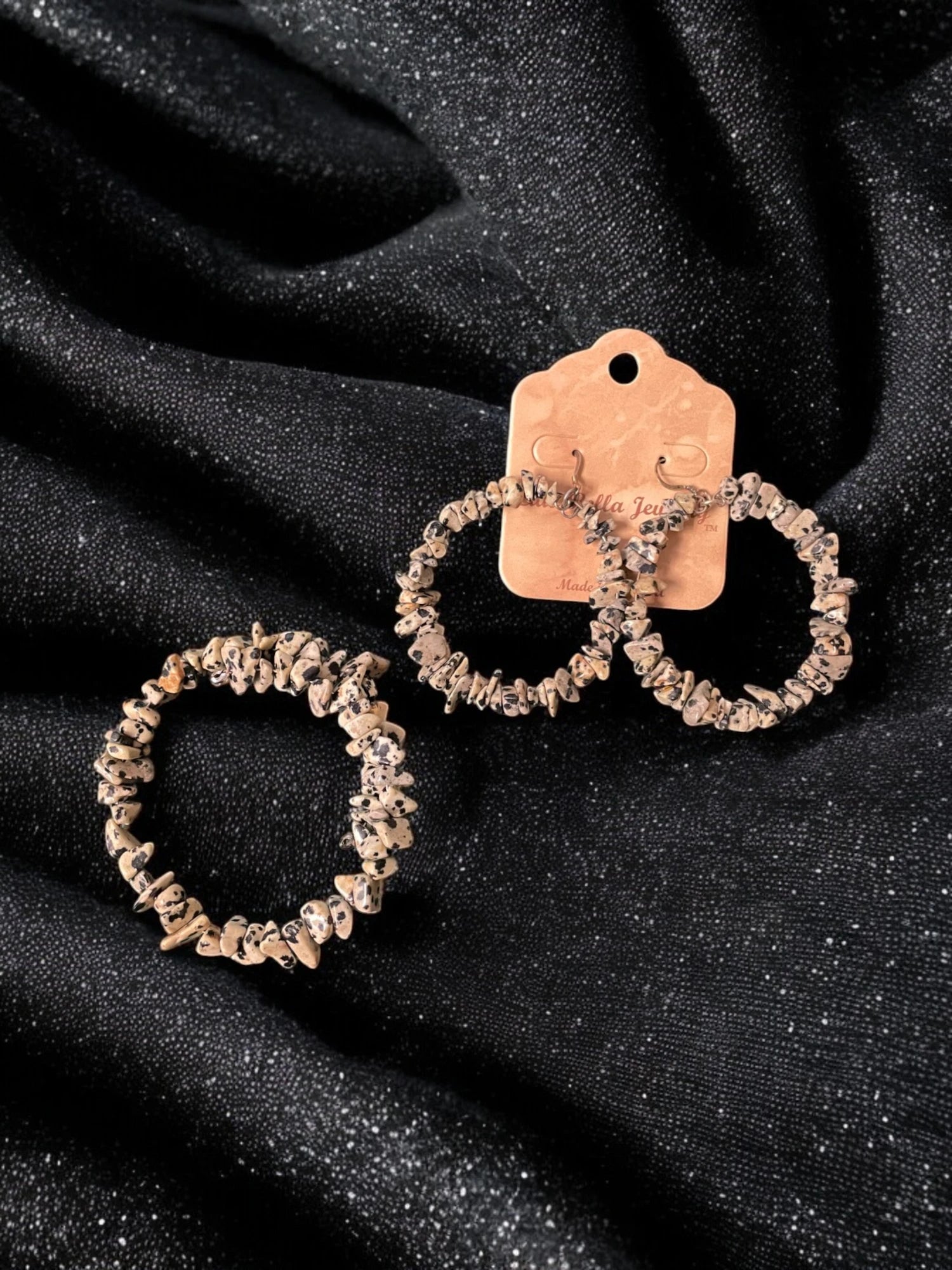 Dalmatian Jasper Bracelet and Large Hoop Earring Jewelry Set
