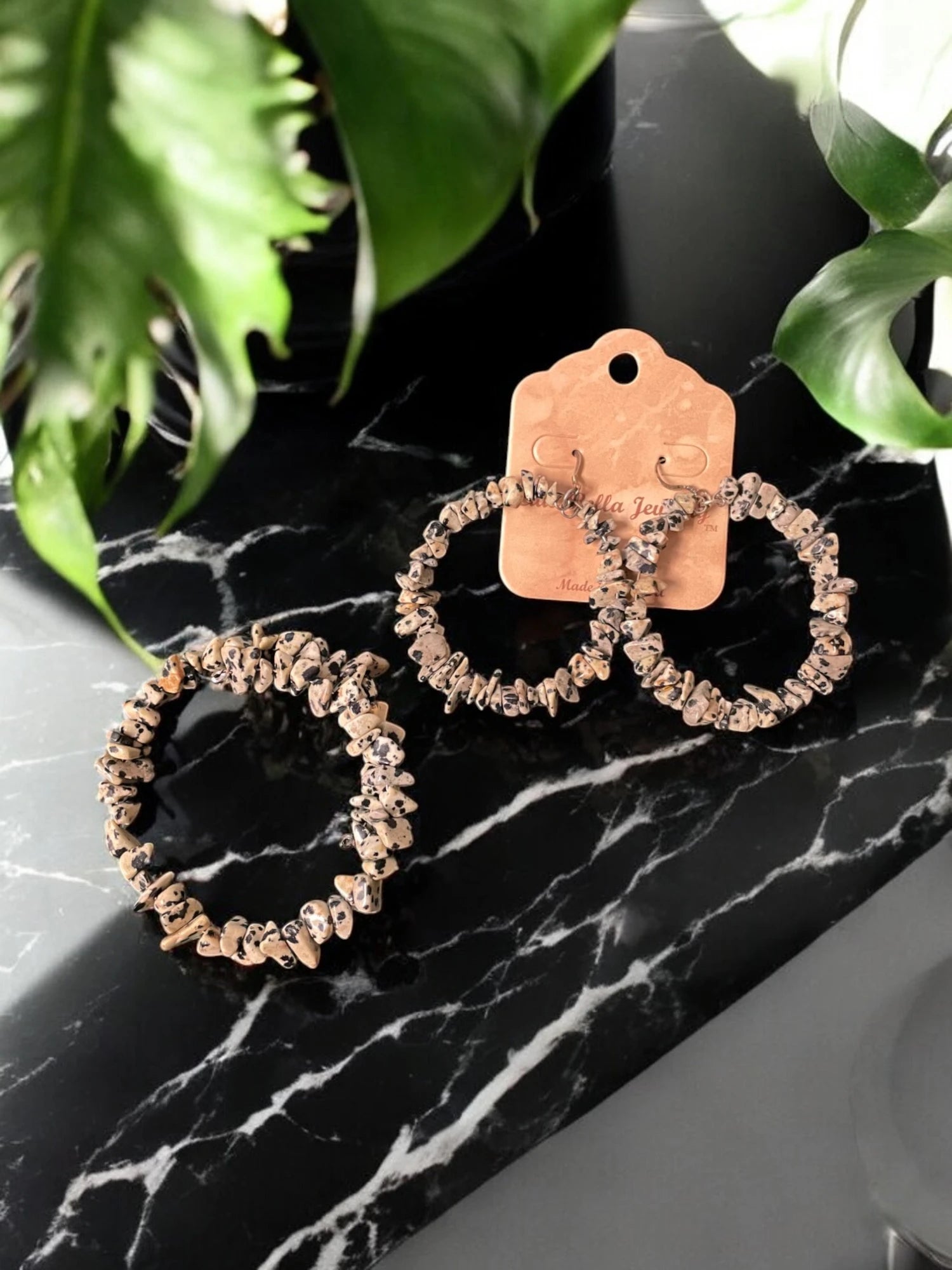 Dalmatian Jasper Bracelet and Large Hoop Earring Jewelry Set
