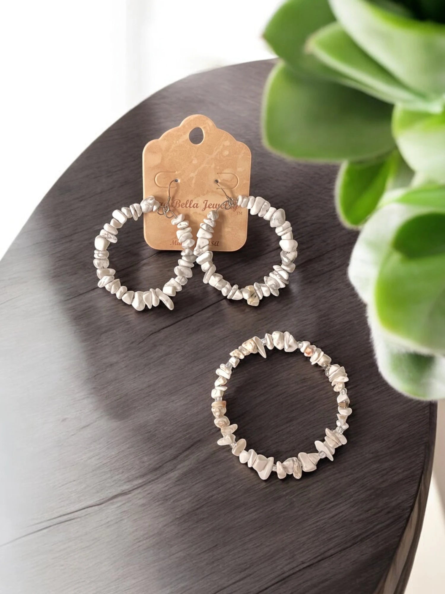 White Howlite Jewelry Set, Wrap Bracelet & Large Hoop Earrings