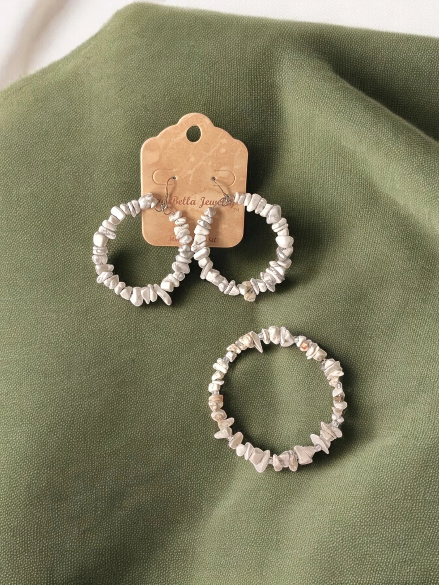 White Howlite Jewelry Set, Wrap Bracelet & Large Hoop Earrings
