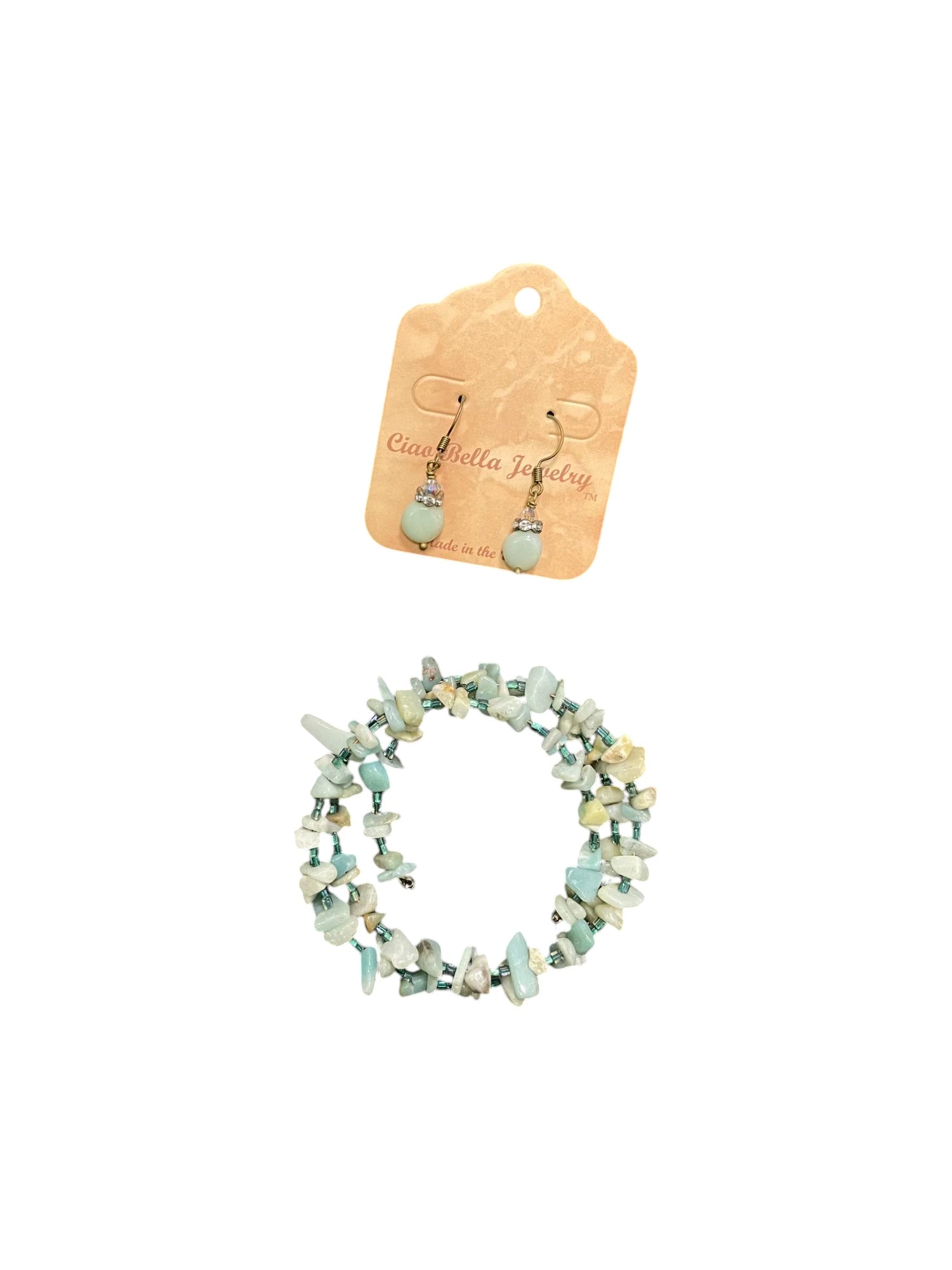 Amazonite Jewelry Set, Stacked Wrap Bracelet, Crystal Earrings