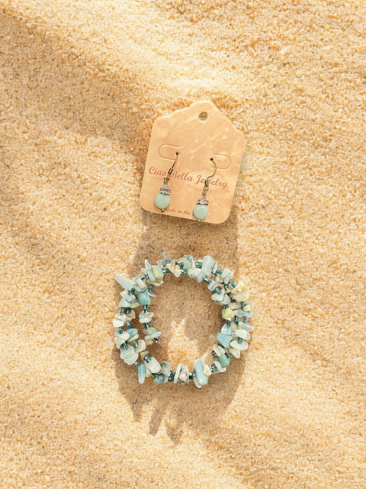Amazonite Jewelry Set, Stacked Wrap Bracelet, Crystal Earrings