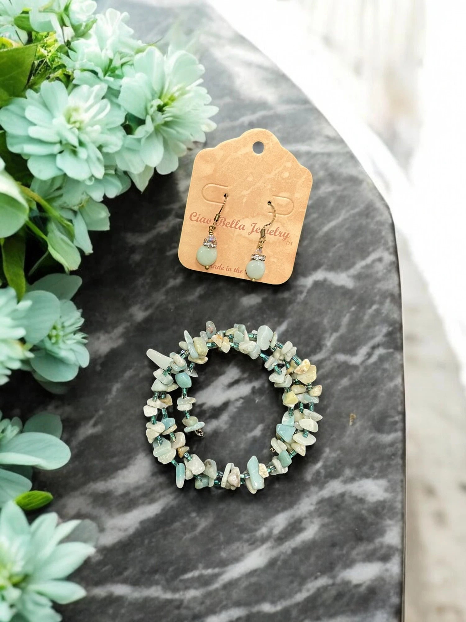 Amazonite Jewelry Set, Stacked Wrap Bracelet, Crystal Earrings