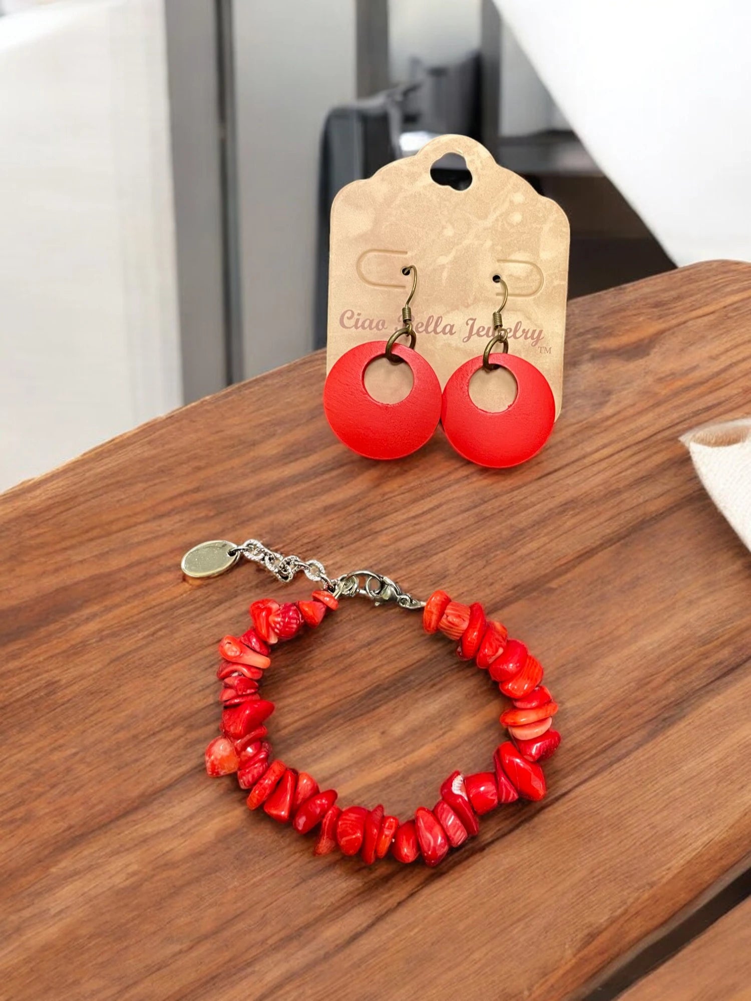 Red Agate Jewelry Set, Bracelet & Geometric Circle Earrings