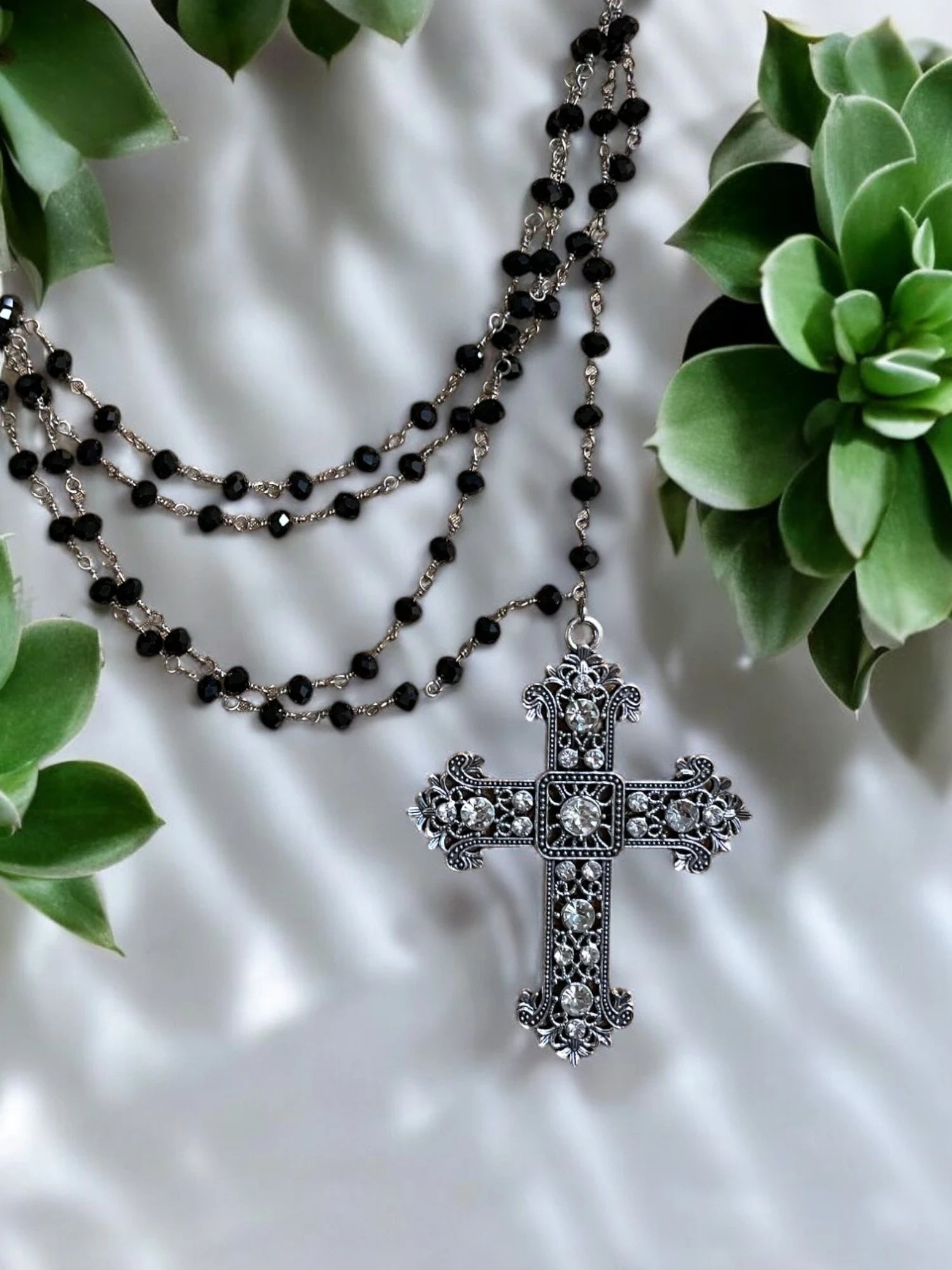 Black Chain with Crystal & Silver Cross Pendant - Edgy & Elegant | Faith-Inspired Jewelry