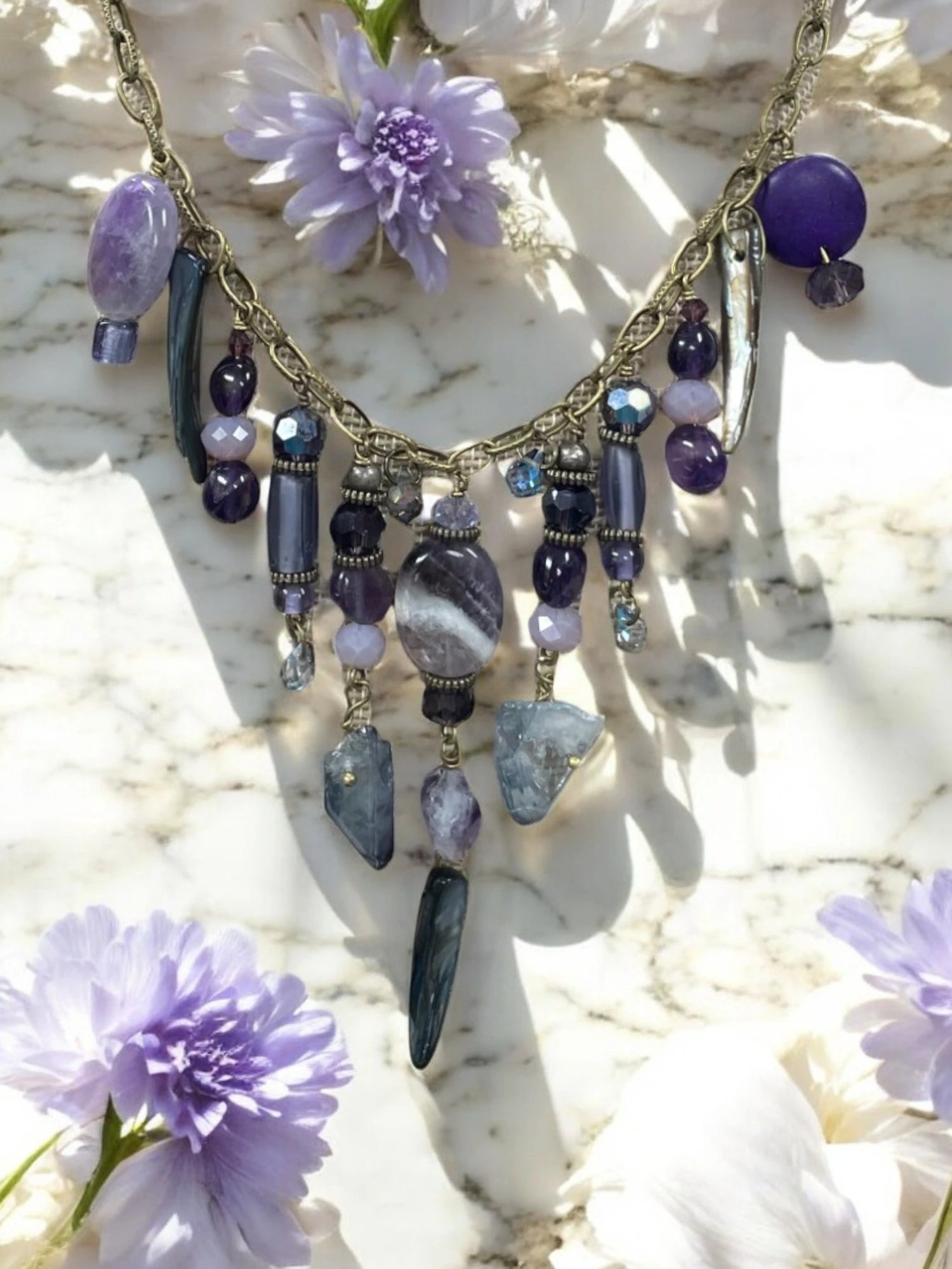 Gemstone Cluster Bib Necklace - Tiger Eye, Turquoise Amazonite, Amethyst, Blue Agate, Apatite, and Sodalite