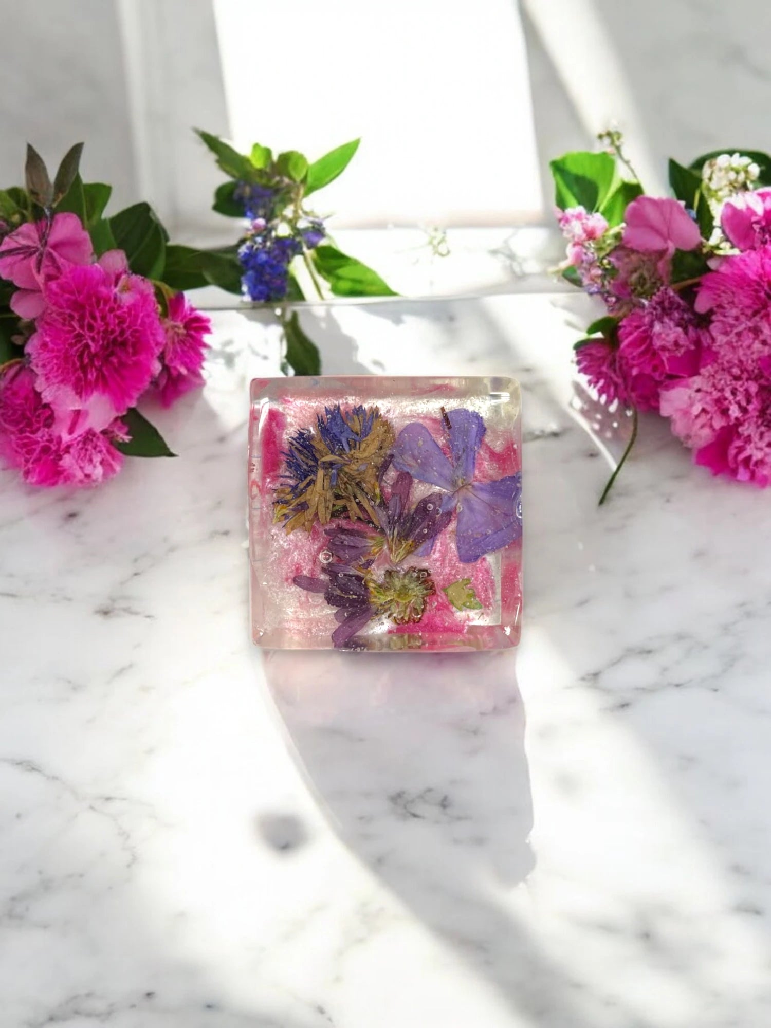 Pink Pressed Flower Resin Magnet, Cosmos, Bachelor Buttons, Speedwell, Floral Magnet