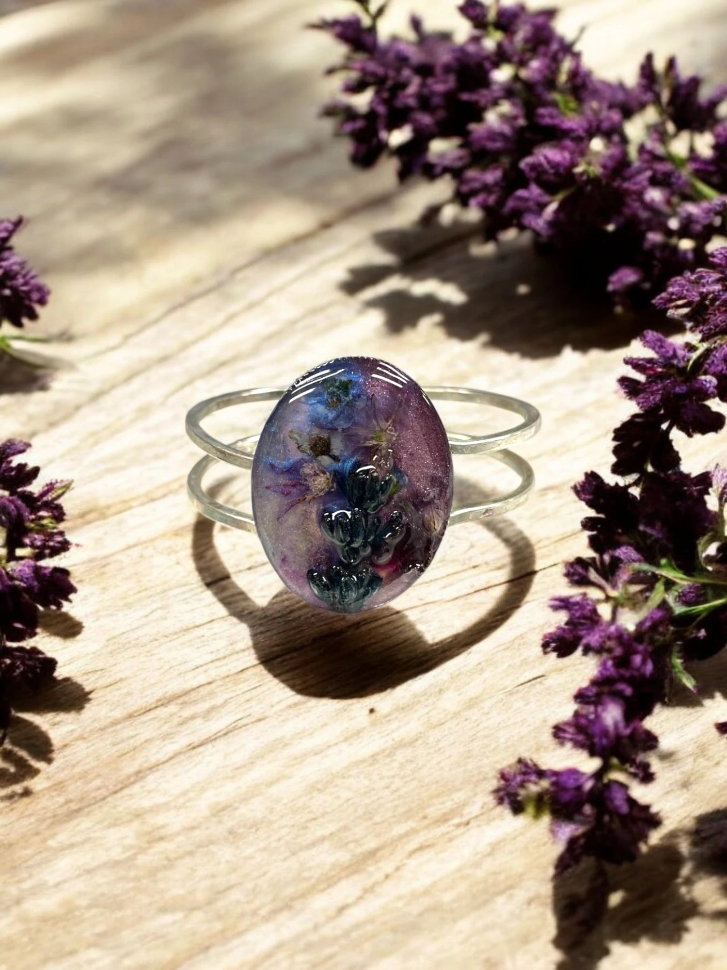 Oval Pressed Flower Cuff Bracelet, Resin Bracelet, Queen Anne's Lace, Cosmos, Botanical Jewelry