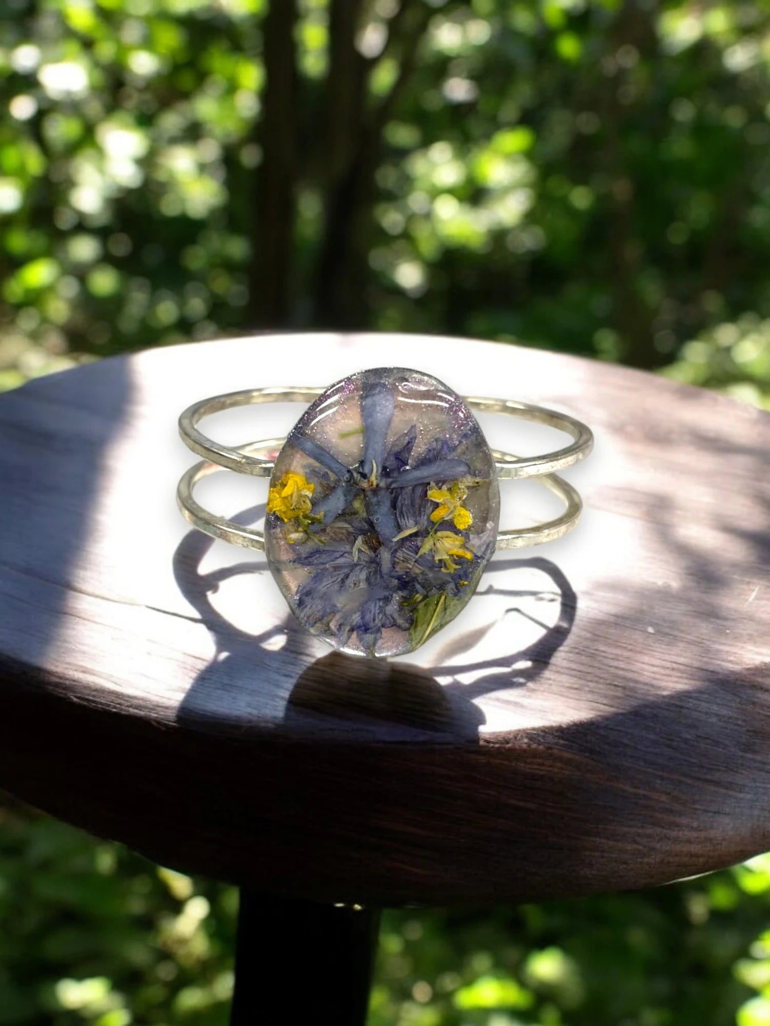 Oval Pressed Flower Cuff Bracelet, Resin Bracelet, Queen Anne's Lace, Cosmos, Botanical Jewelry