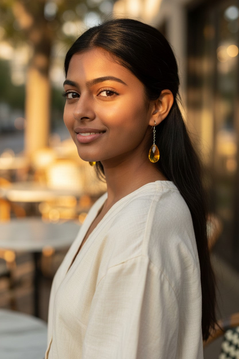Elevate Your Look: Stainless Steel Teardrop Gemstone Chain Drop Earrings (Sapphire, Emerald, Gray Crystal)