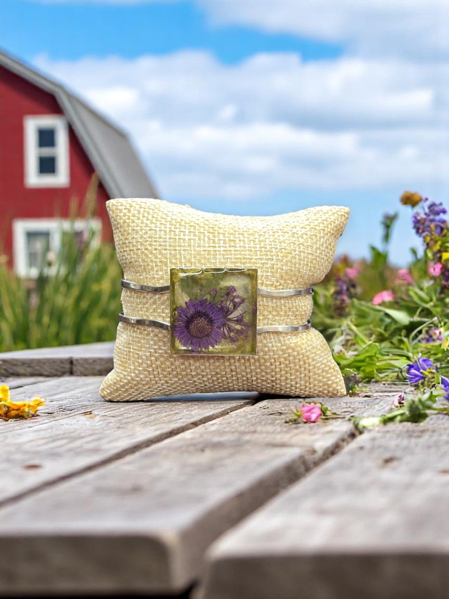 Geometric Purple and yellow Flower Resin Cuff Bracelet