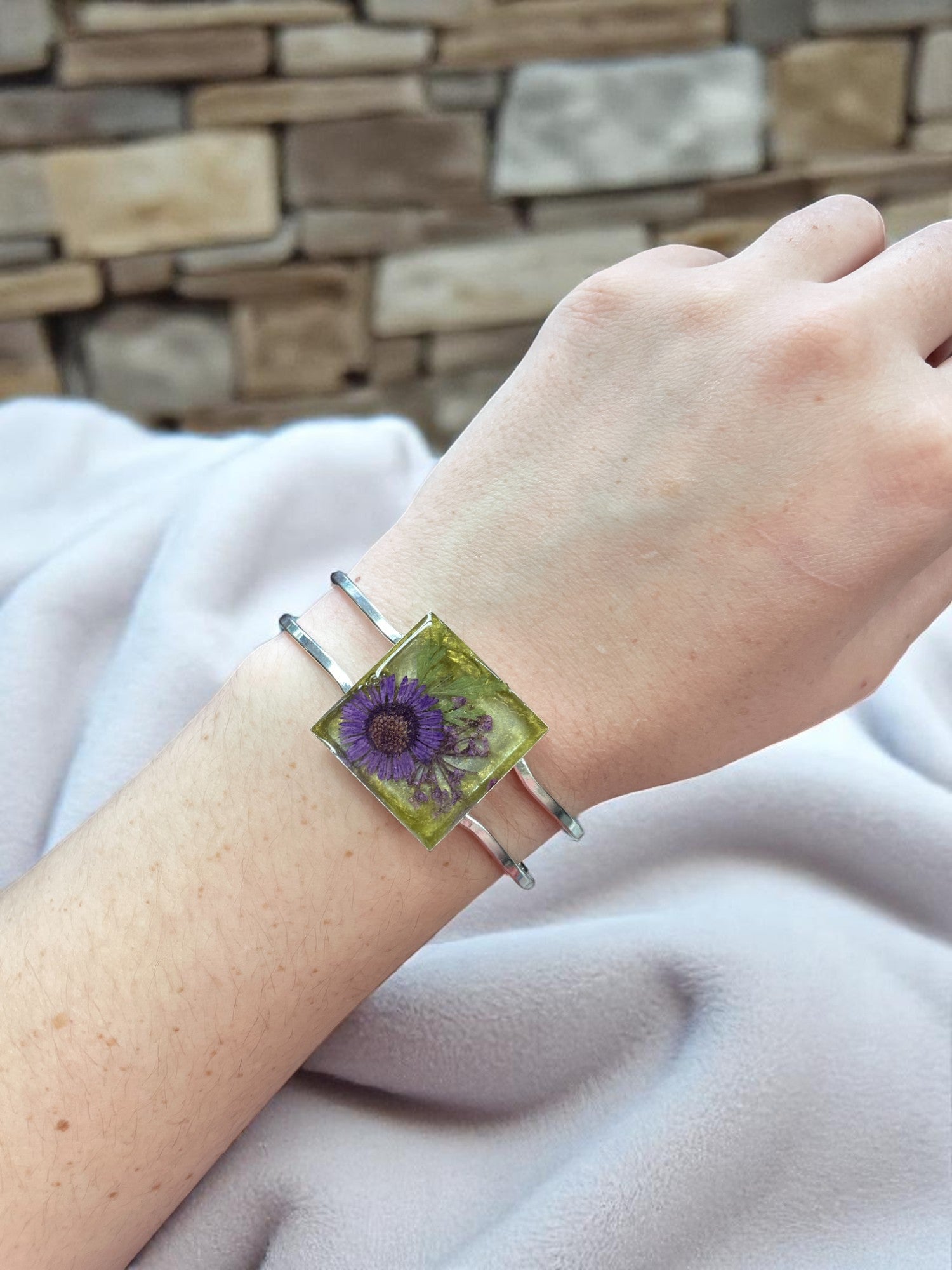 Geometric Purple and yellow Flower Resin Cuff Bracelet