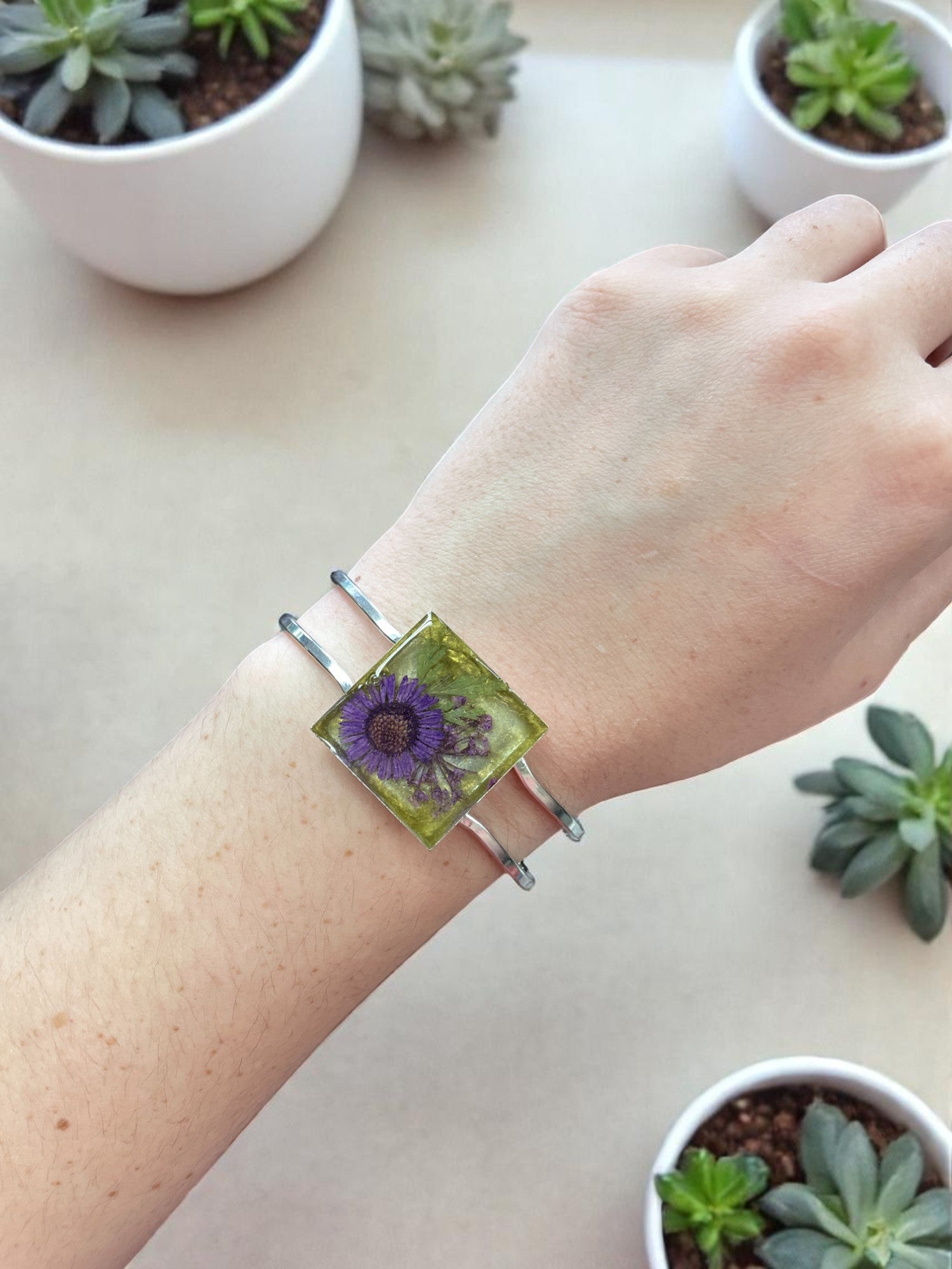 Geometric Purple and yellow Flower Resin Cuff Bracelet