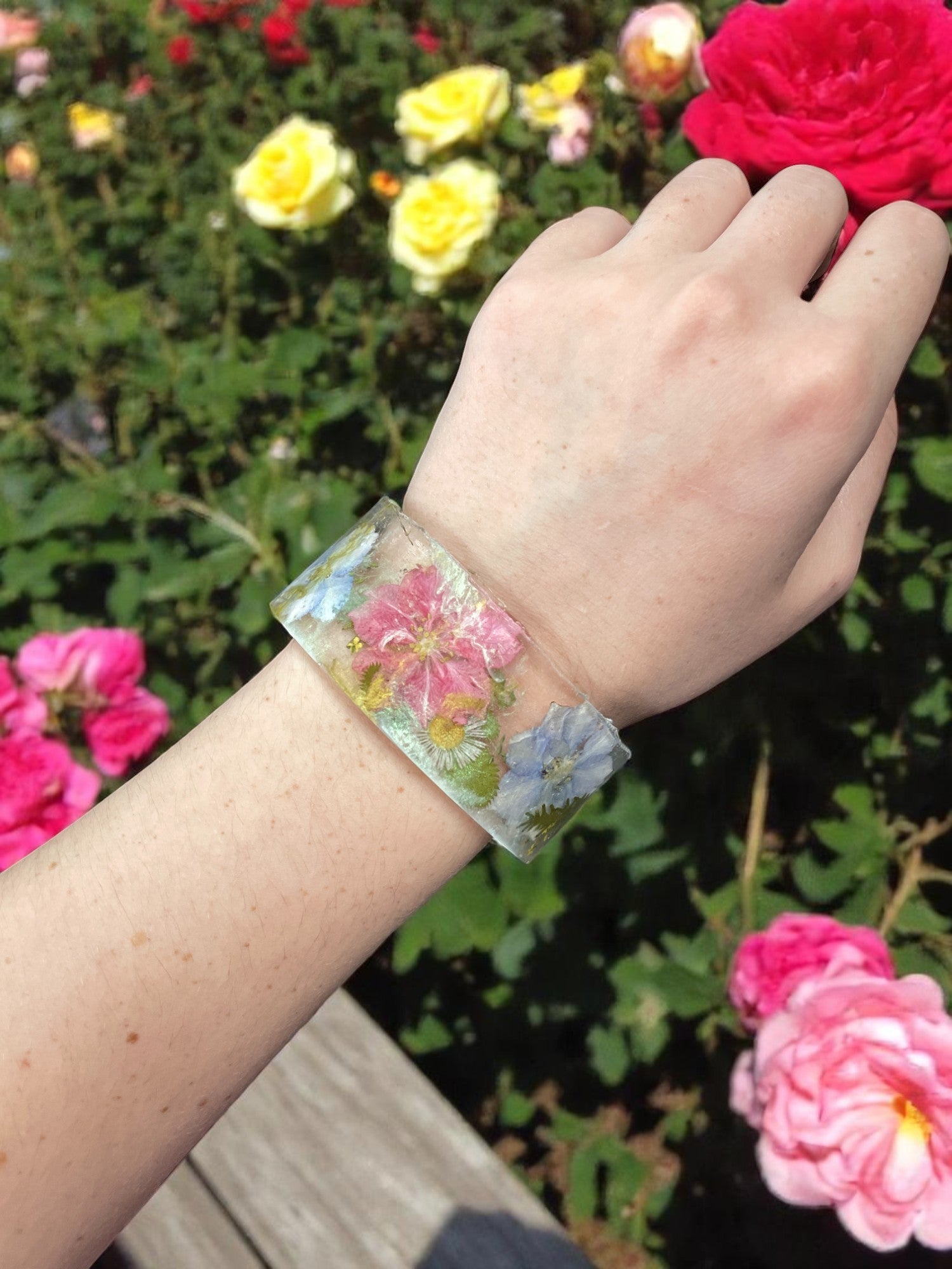 Colorful Handmade Pressed Flower Resin Cuff Bracelet | Unique Handmade Jewelry